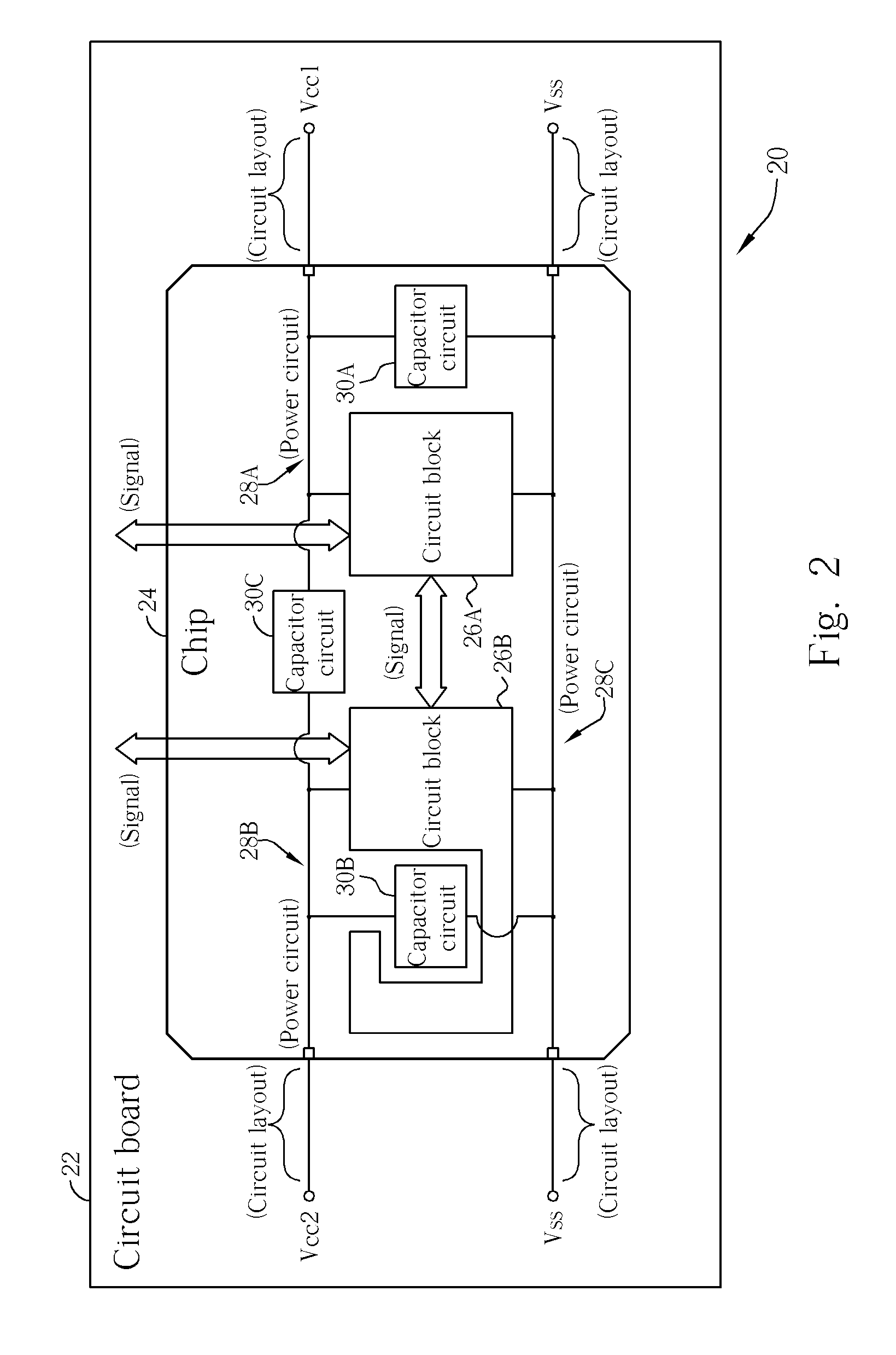 Chip with embedded electromagnetic compatibility capacitors and related method