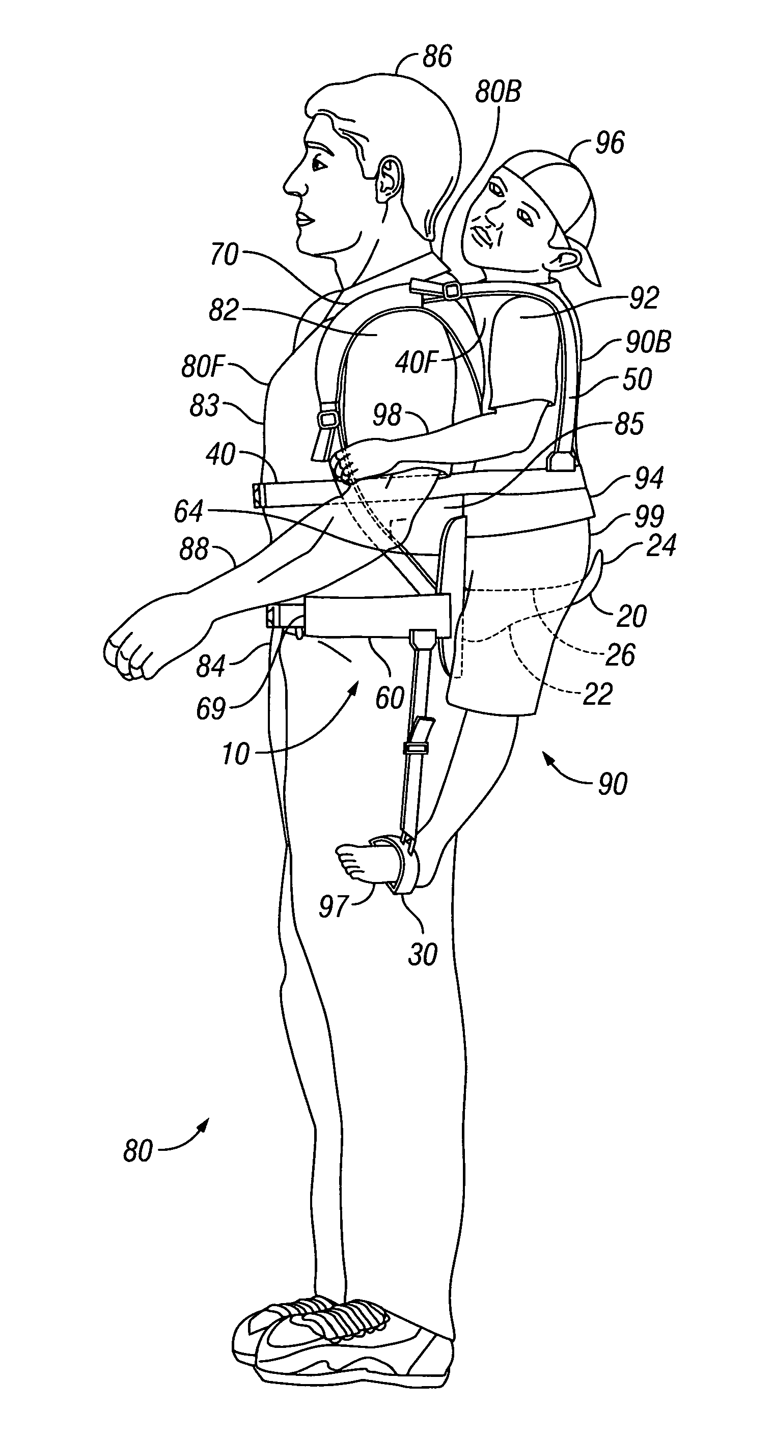 Device for carrying toddlers and small children on an adult wearer's back