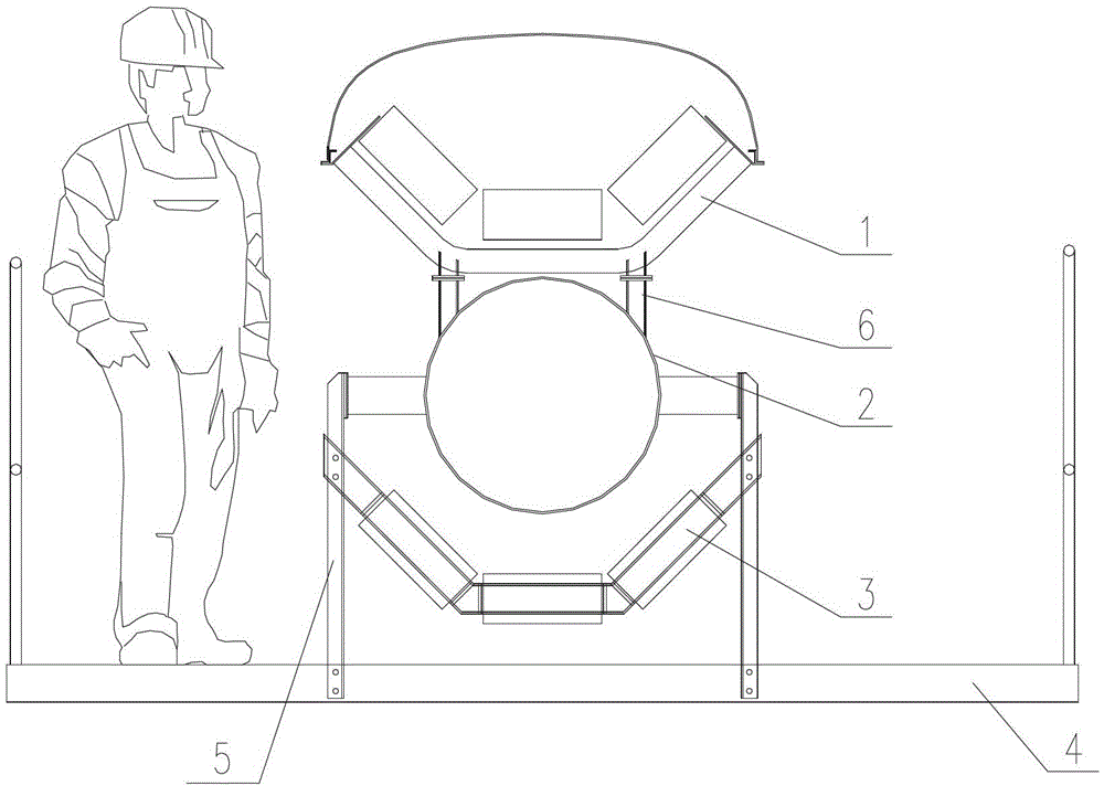 A belt conveyor that uses a single beam to support the idler group and the maintenance walkway