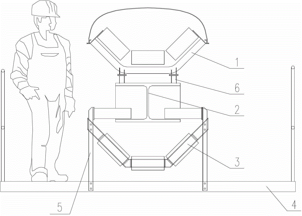 A belt conveyor that uses a single beam to support the idler group and the maintenance walkway