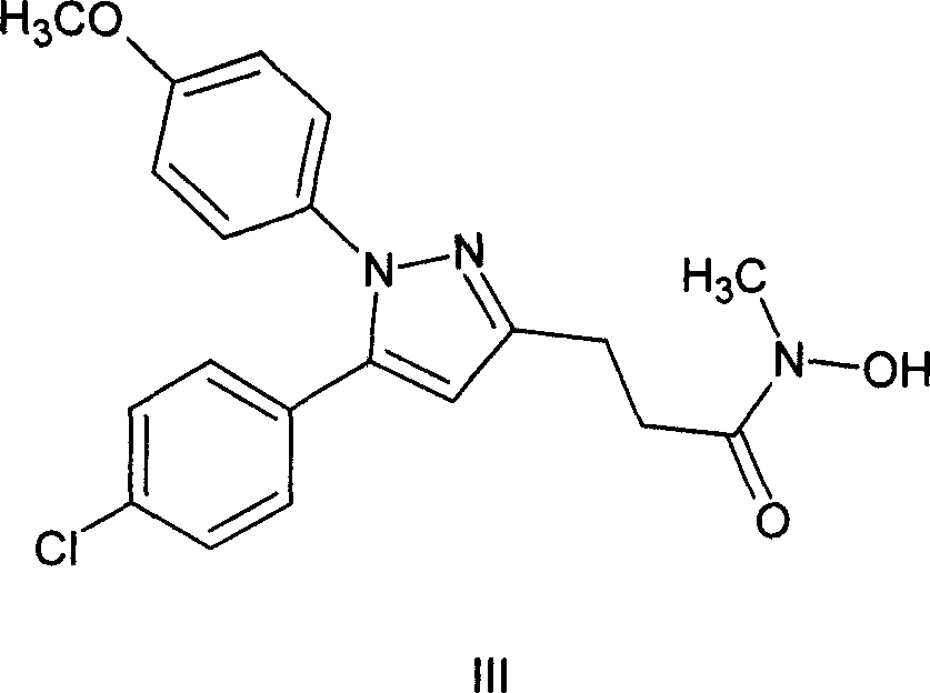 Method of synthesizing 5-(4-chloro-phenyl)-N-hydroxy-1-(4-methoxy-phenyl)-N-methyl-1H-pyrazole-3-propionamide and pharmaceutical use
