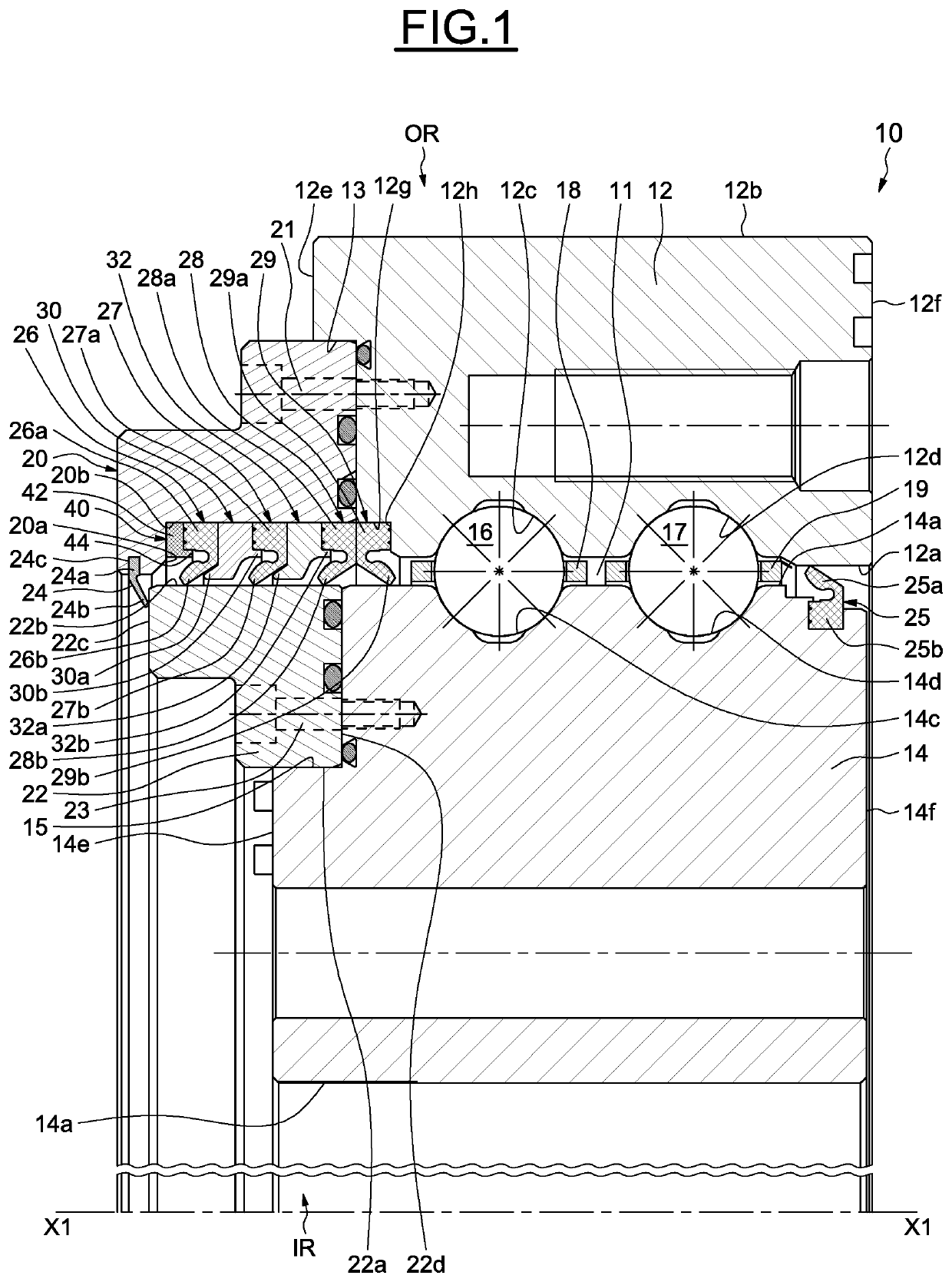 Bearing with at least one sealing element and at least one adjusting shim for axially displacing said sealing element