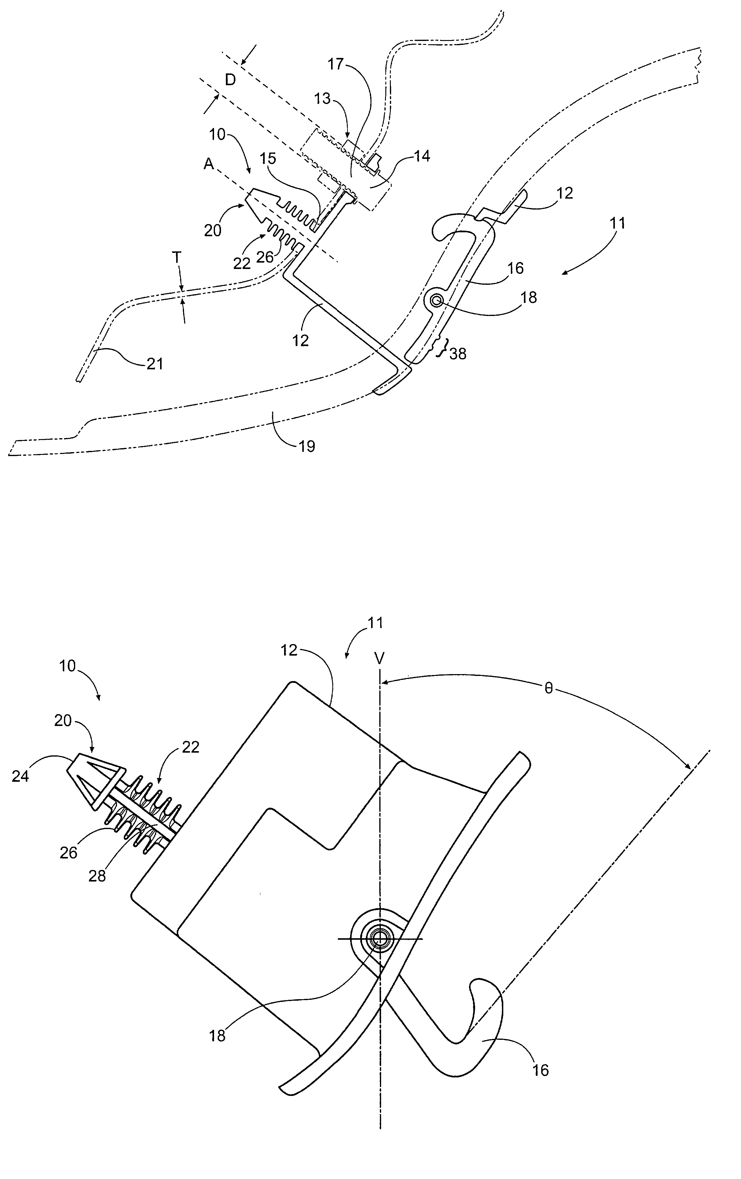 Vehicle trim component with self retaining fastening device