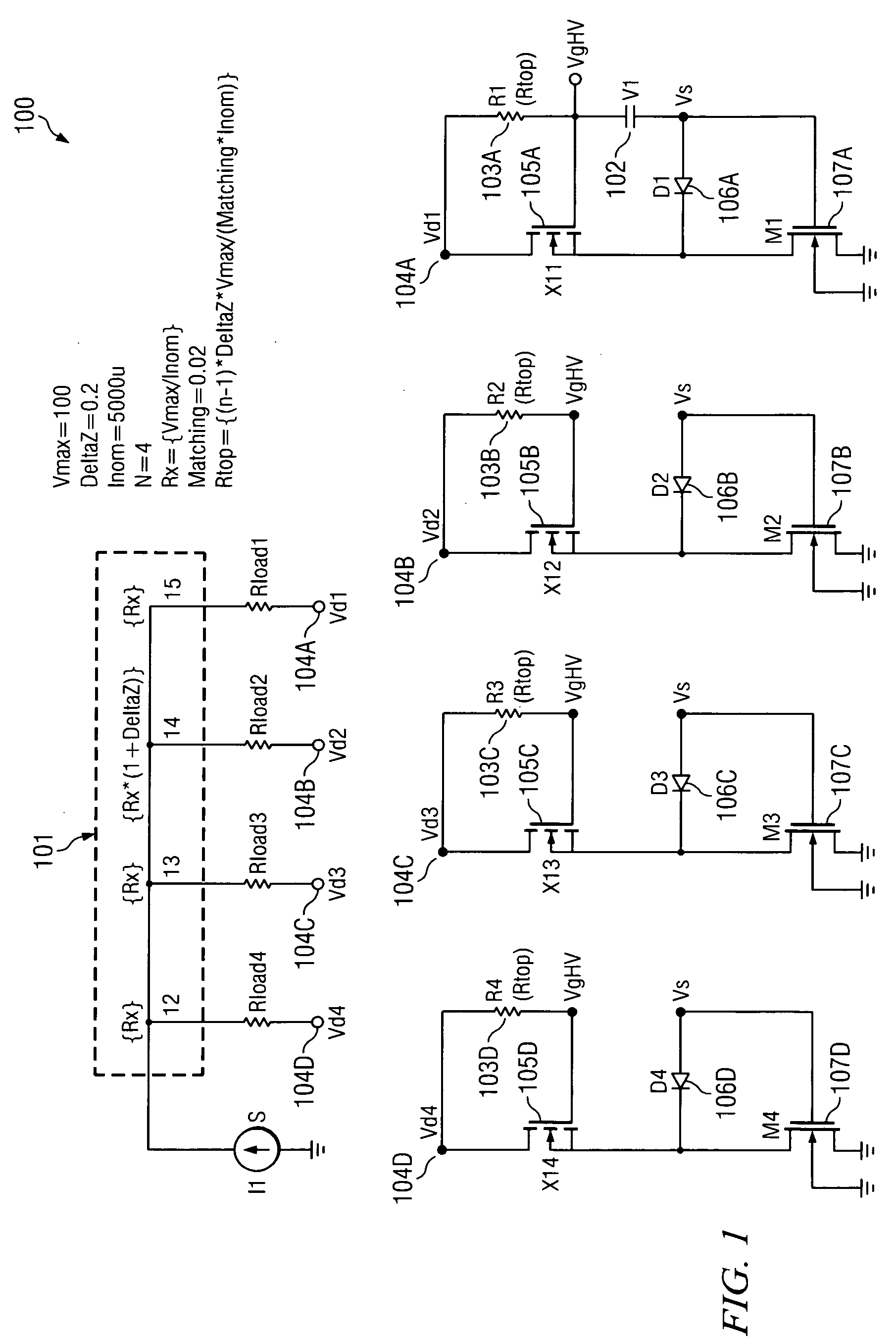 High voltage current splitter circuit and method