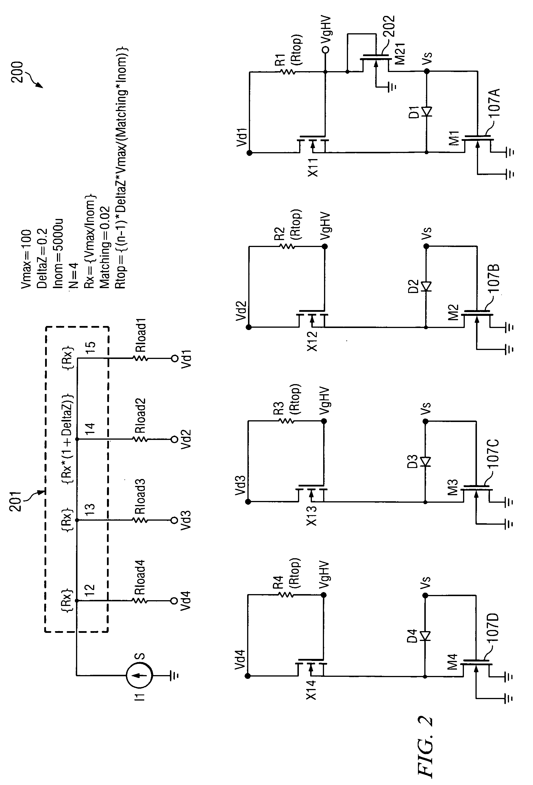 High voltage current splitter circuit and method
