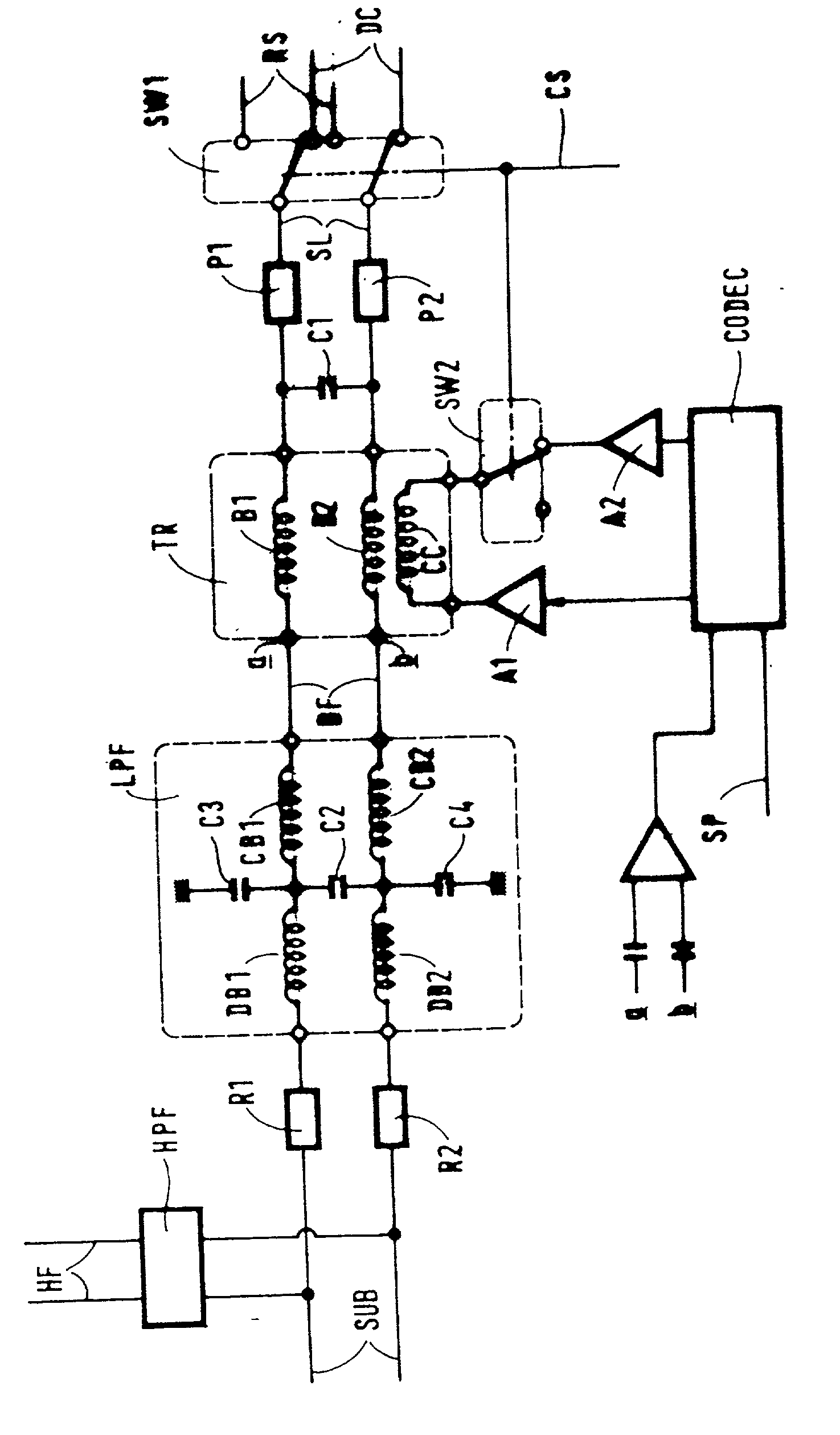 Device for connecting a subscriber line to a high frequency link and to a low frequency link