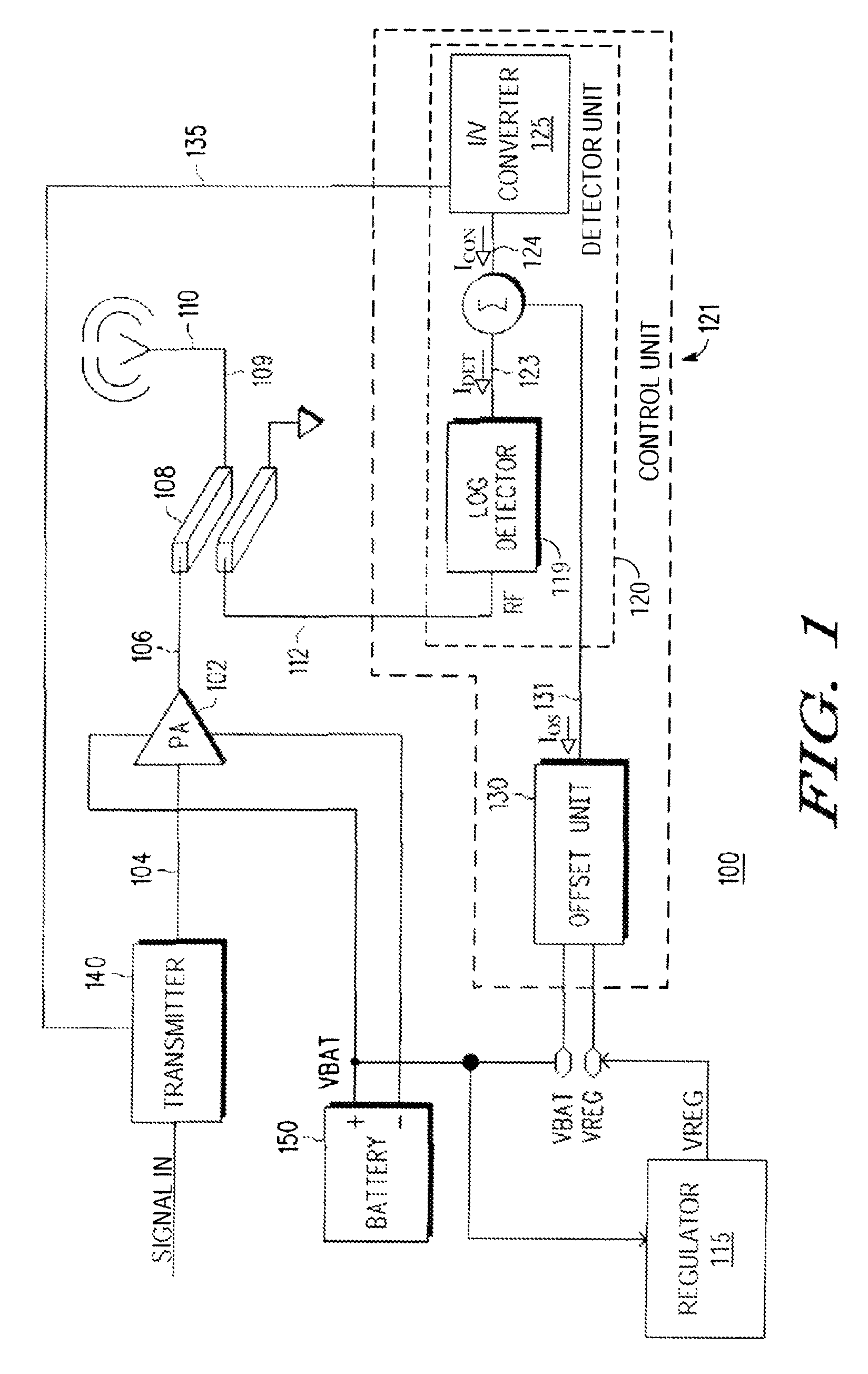 RF circuit with control unit to reduce signal power under appropriate conditions