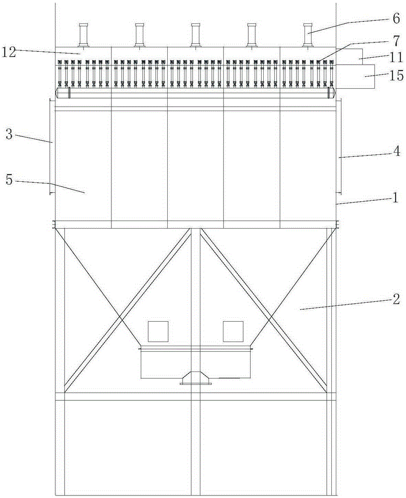 Displacement type ash removal bag filter