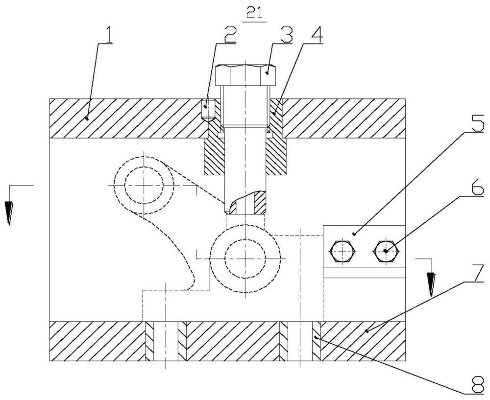 Clamping device for drilling jig for rocker arm support of diesel engine