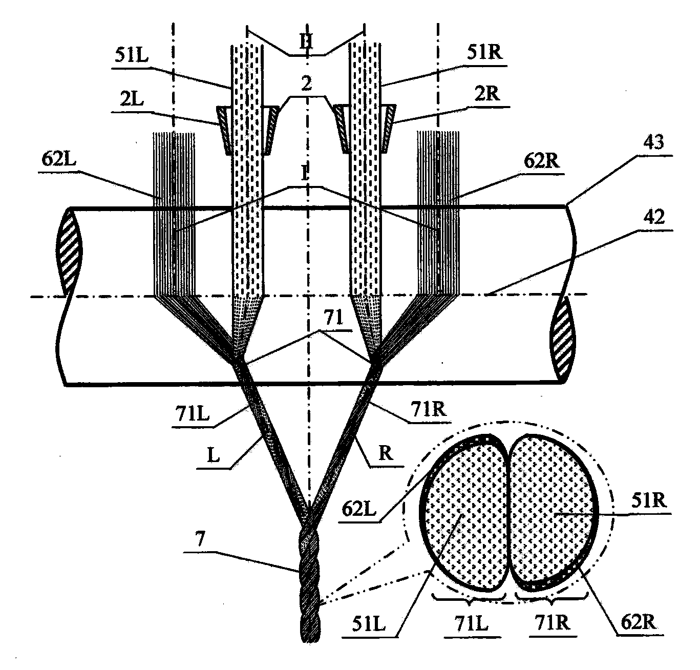 Silk net covering type 2*2 axis composite yarn, spinning method and application