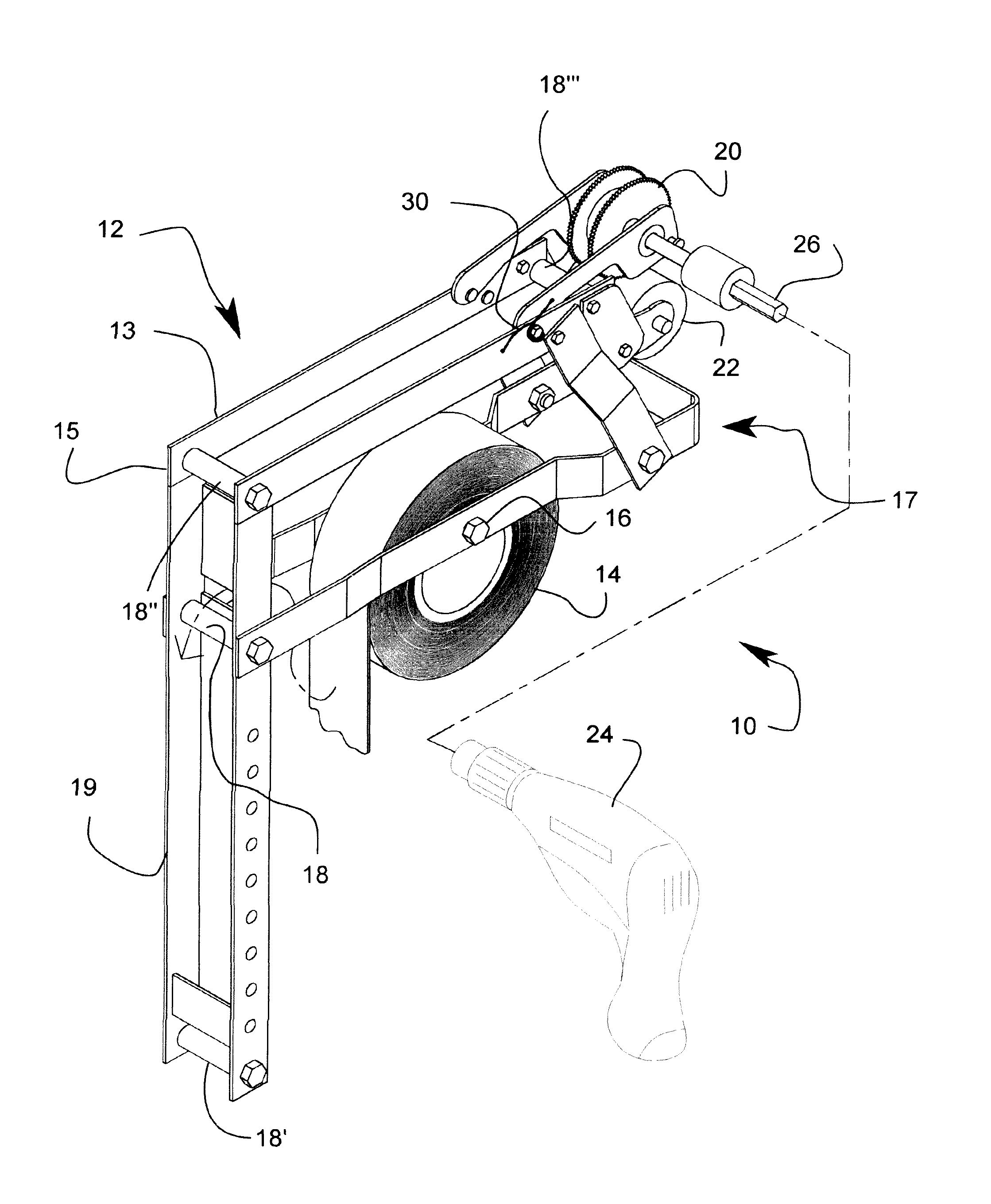 Drywall tape dispenser actuated using a drill