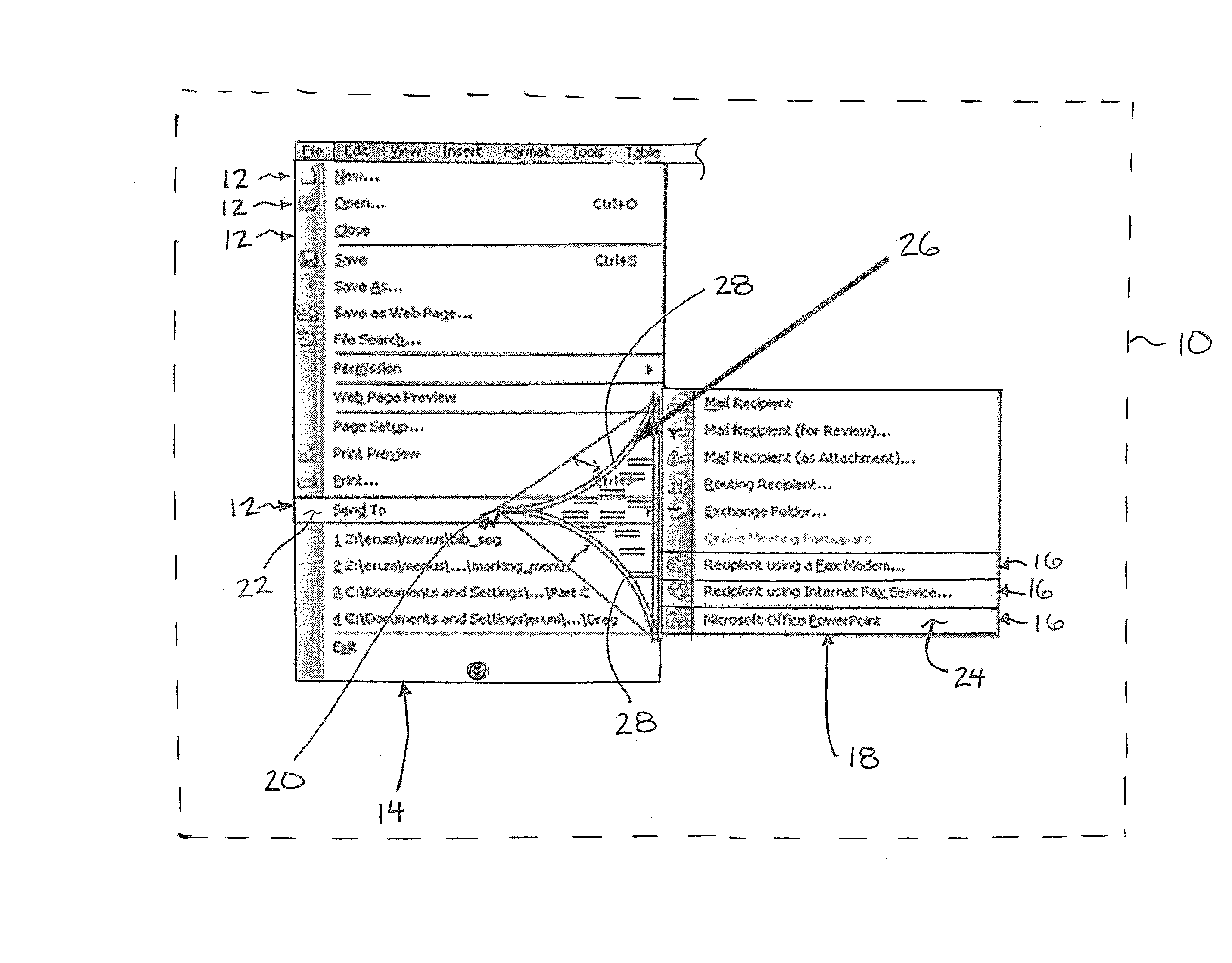 Selectable parent and submenu object display method with varied activation area shape