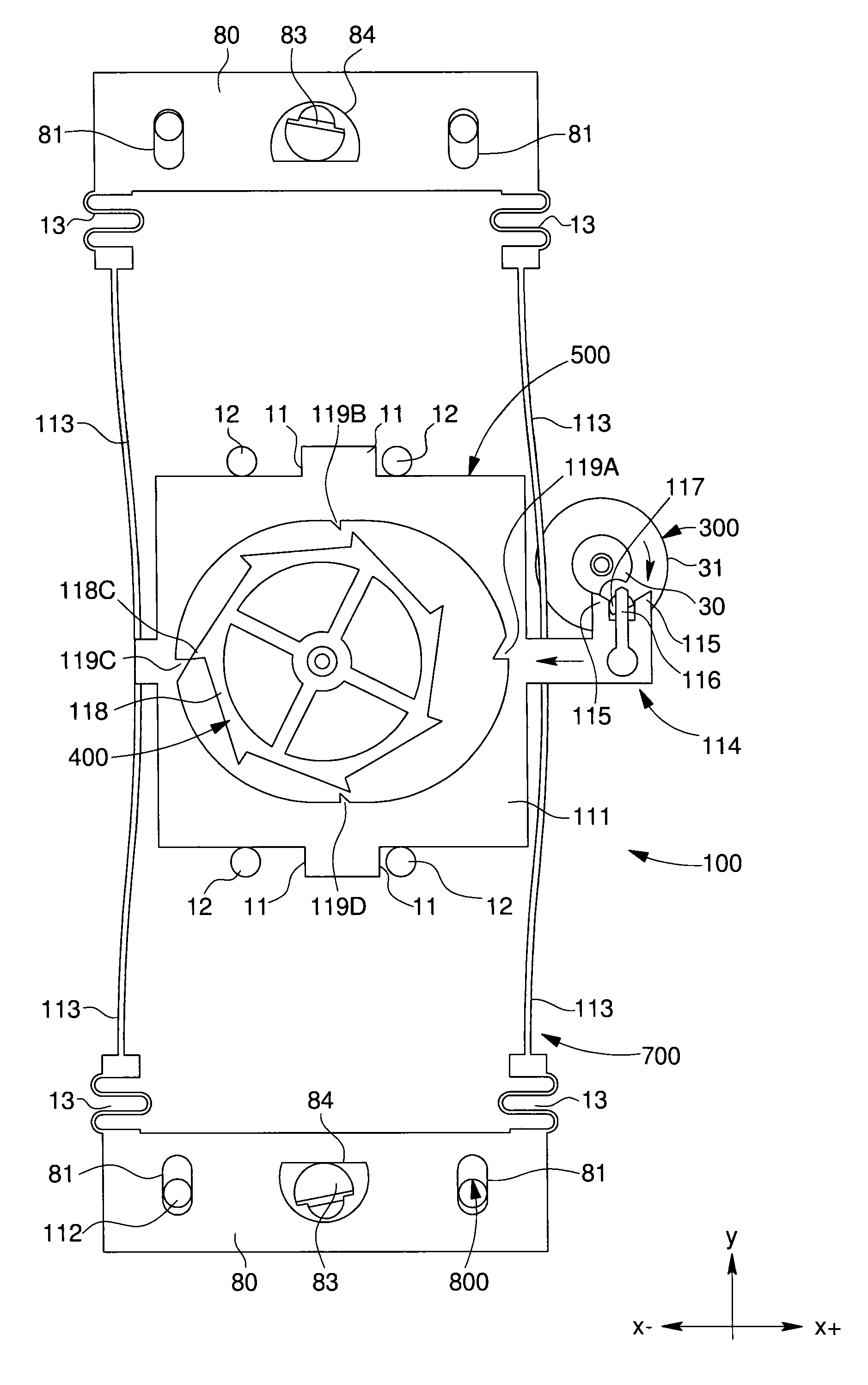 Flexible escapement mechanism with movable frame