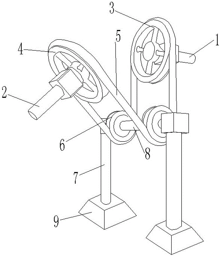Belt transmission device with staggered shafts