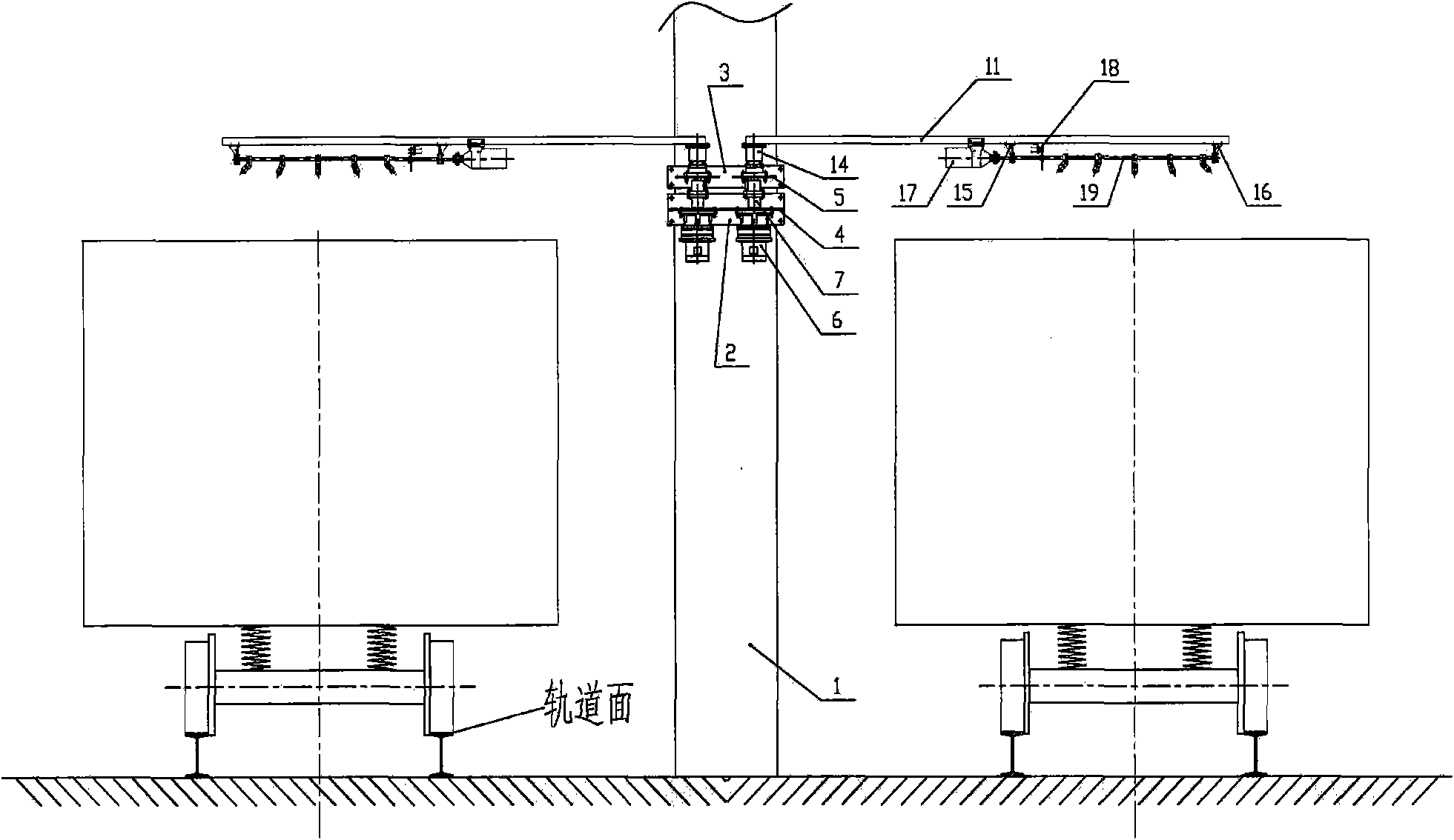 Rotating arm type antifreezing fluid spraying device for two-lane coal trains