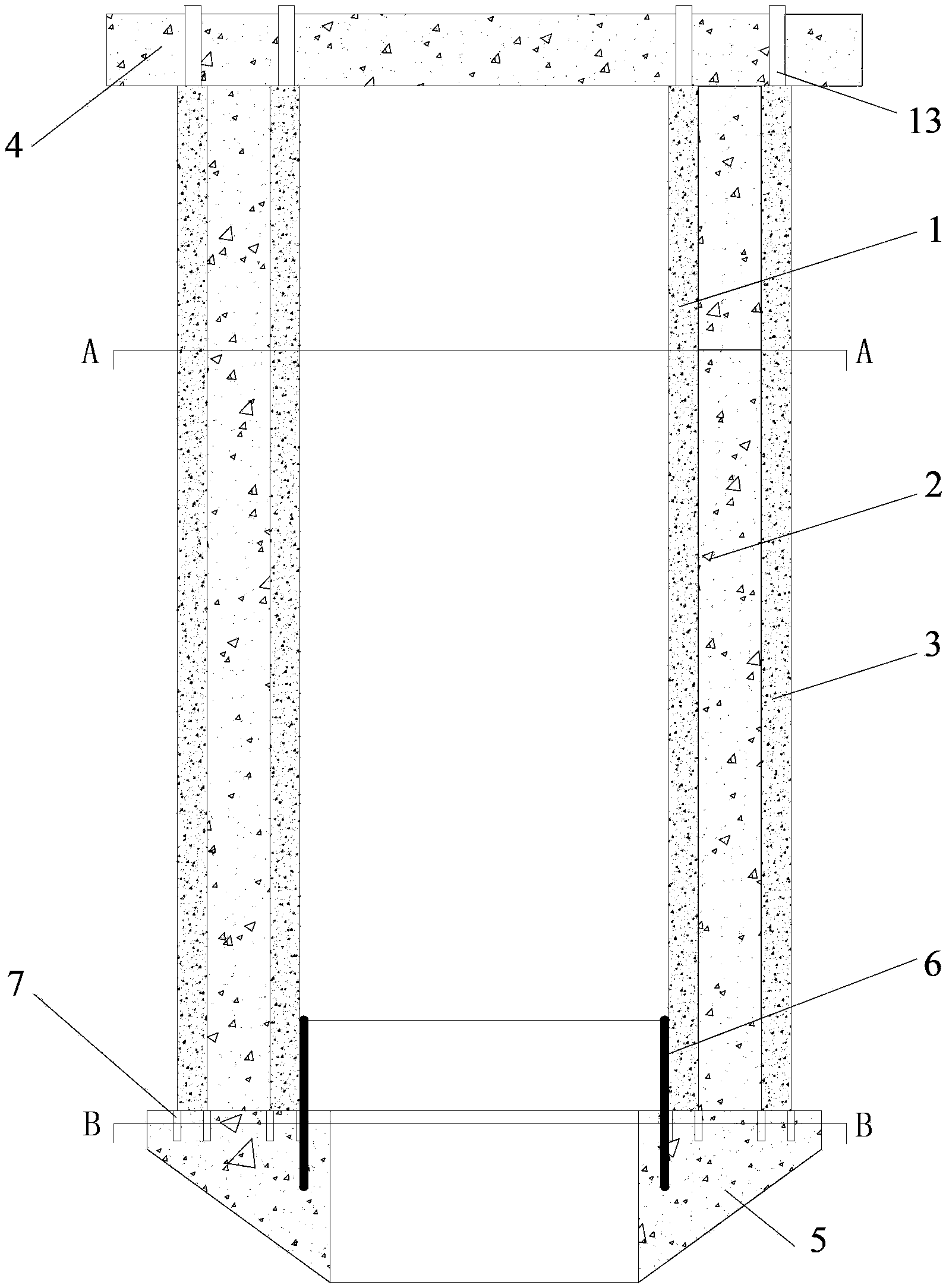 Integrally-arranged and externally-wrapped double-layered water discharging body and middle concrete combined pile and construction method