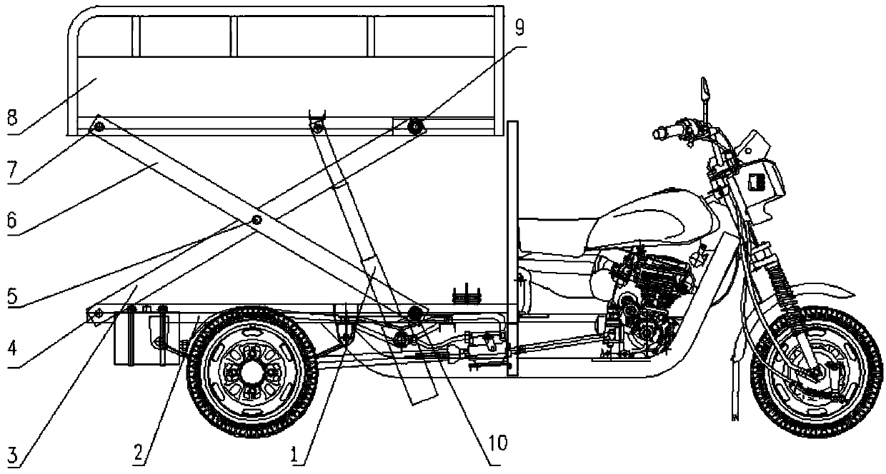 Tipping bucket self-unloading and lifting device and tricycle with device