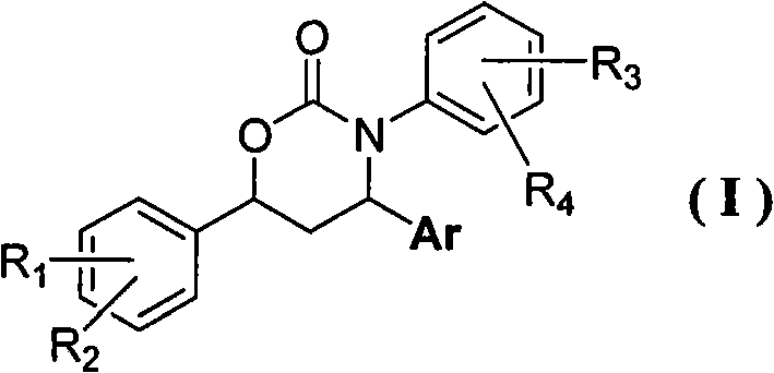 3,4,6-triaryl-(1,3)-oxazine-2-ketone compound as well as preparation method and application thereof