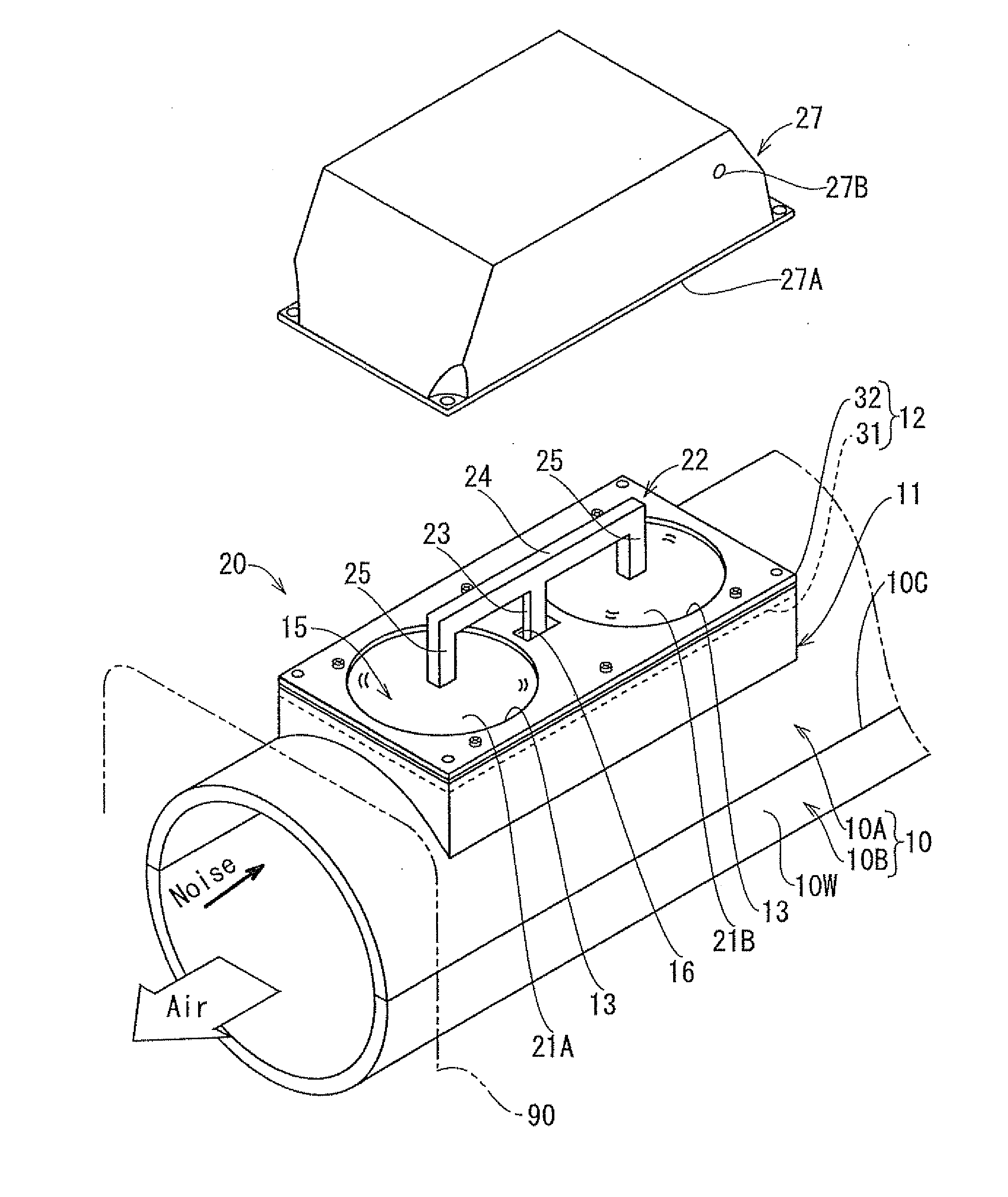 Noise attenuator and vehicle air intake duct provided therewith