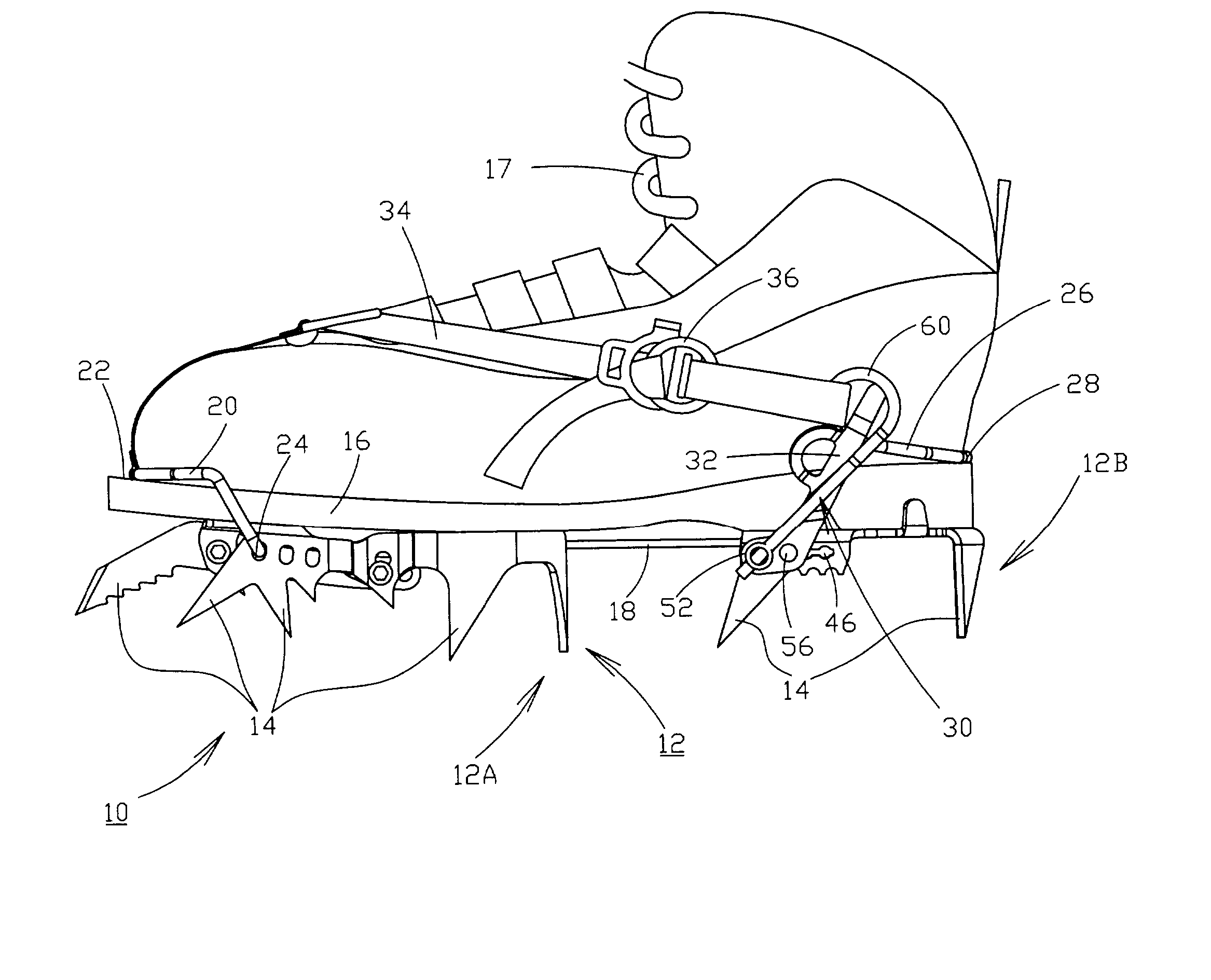 Ice crampon for mountain climbing fitted with a fastening device with a lateral operating lever