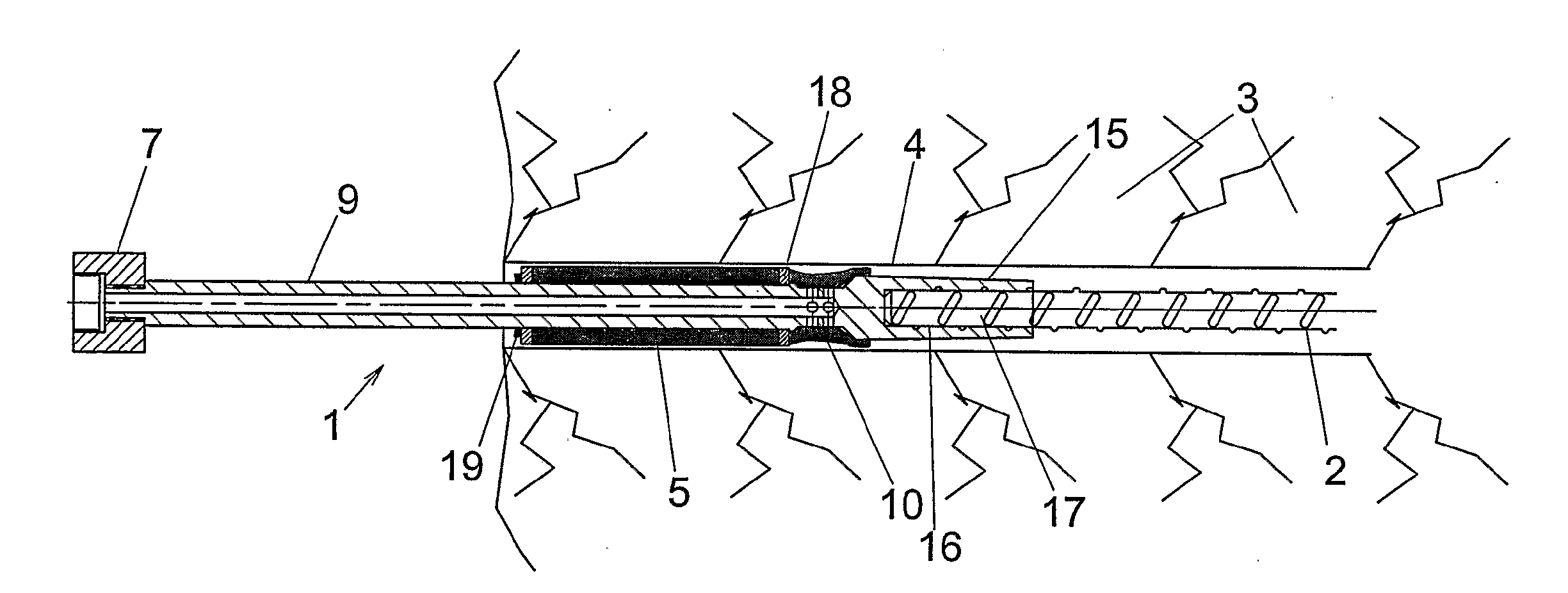 Arrangement for injecting and affixing a reinforcing or anchoring element in a rock wall