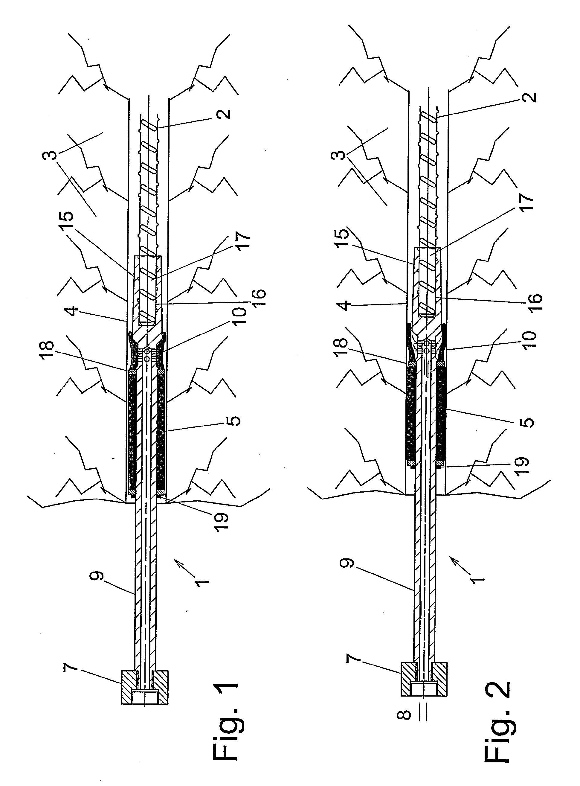 Arrangement for injecting and affixing a reinforcing or anchoring element in a rock wall