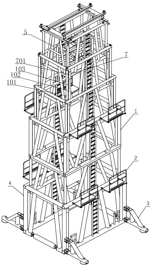 Multifunctional tower capable of supporting injection head to move and replacing tools and using method of multifunctional tower