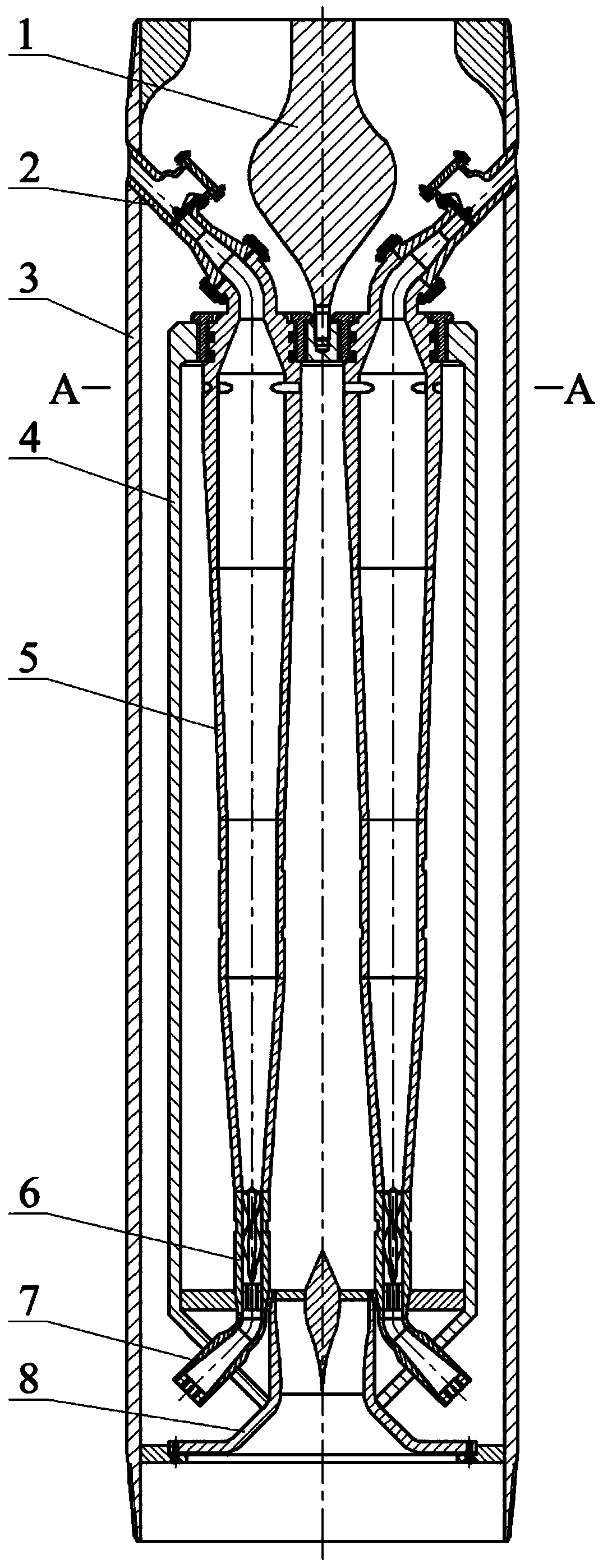 Double-barrel type two-stage axial flow downhole degassing device