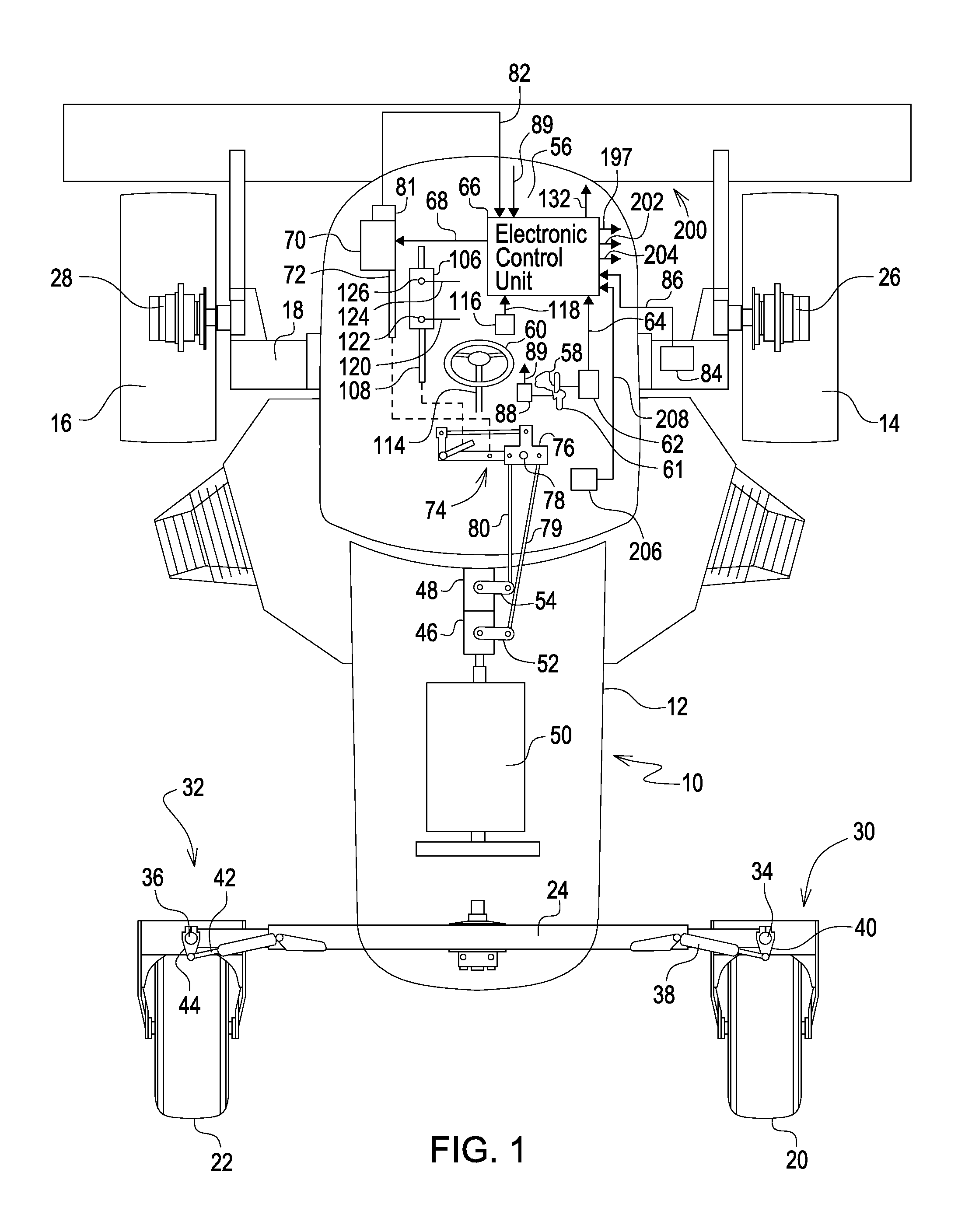 Steering control system for hydrostatically driven front vehicle ground wheels and steerable rear caster wheels