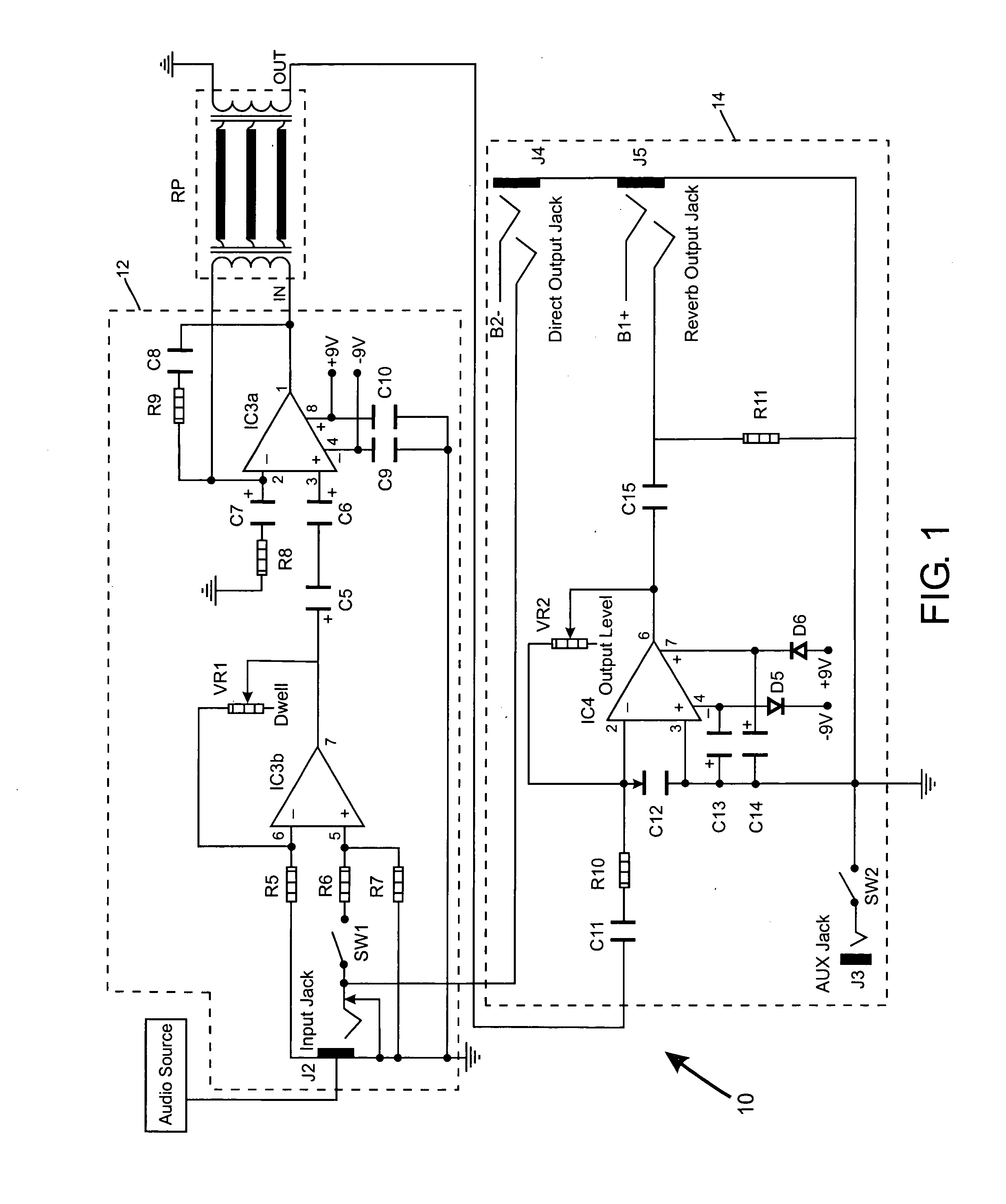 Electronic circuit with reverberation effect and improved output controllability