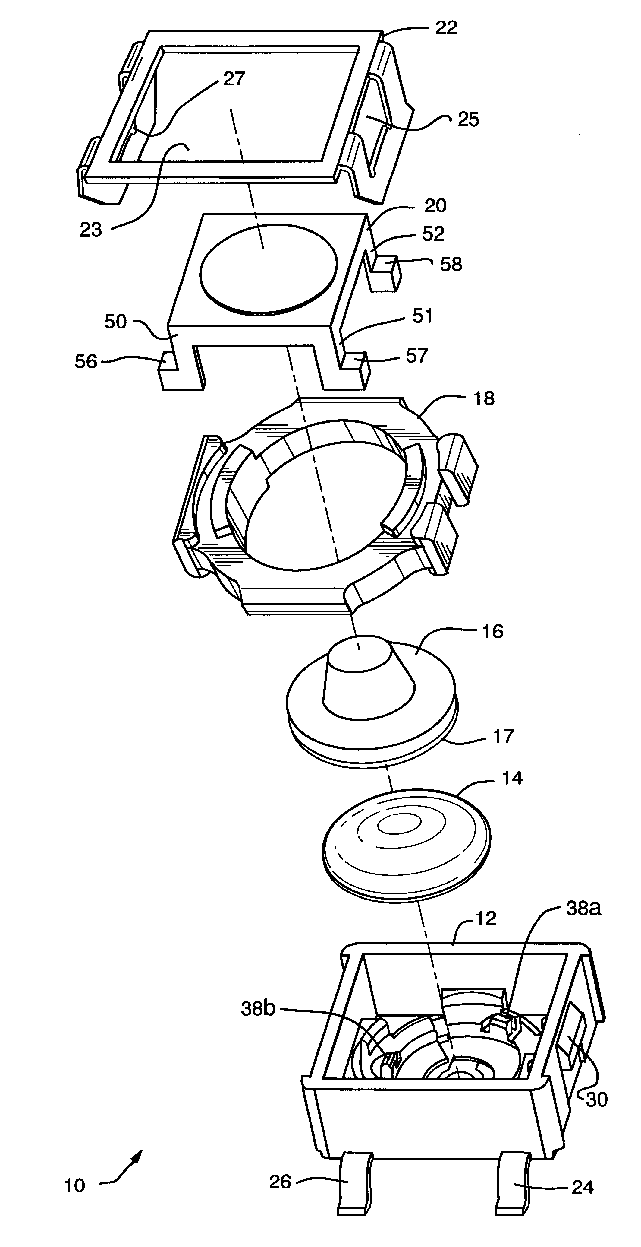 Normally open extended travel dual tact switch assembly with sequential actuation of individual switches