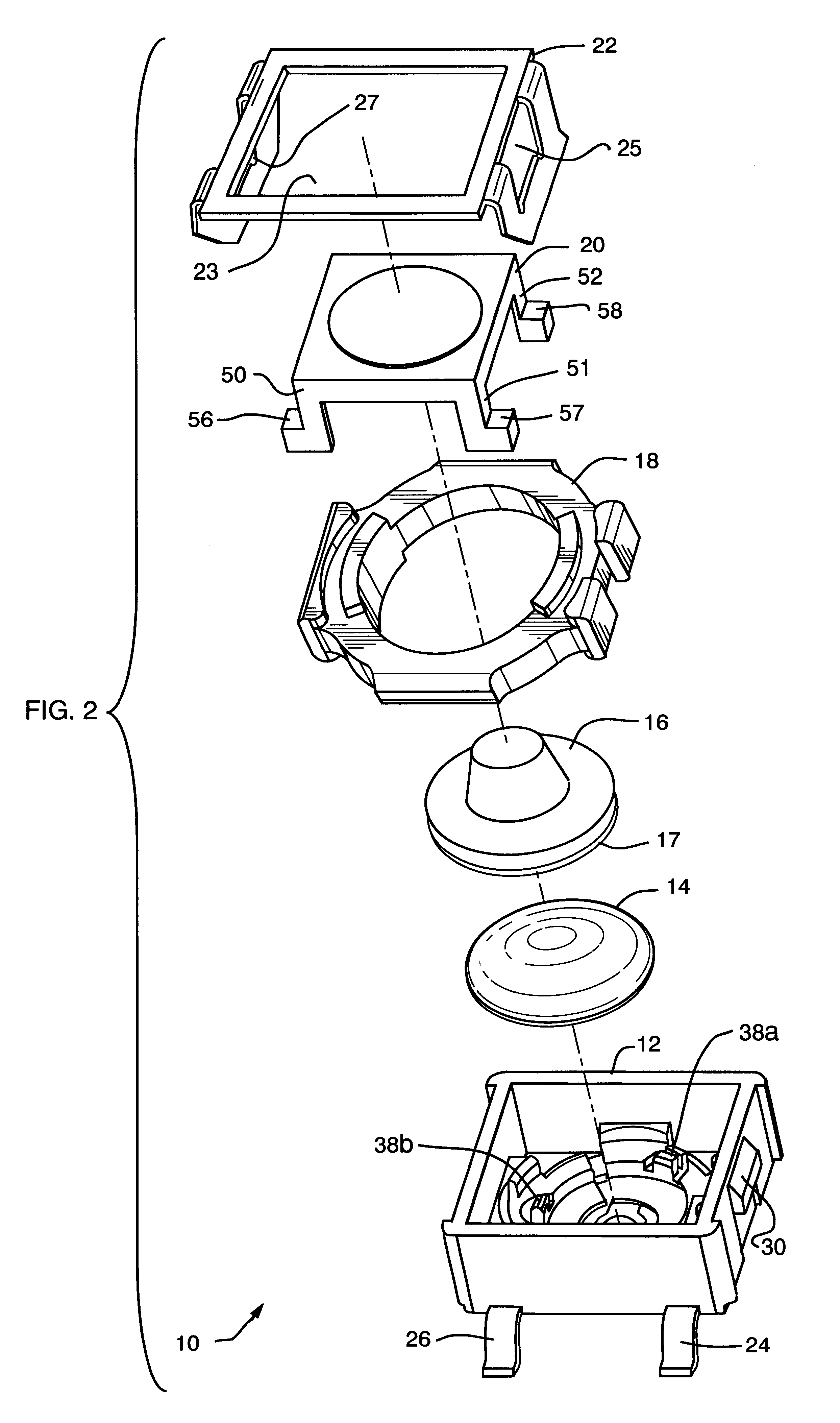 Normally open extended travel dual tact switch assembly with sequential actuation of individual switches