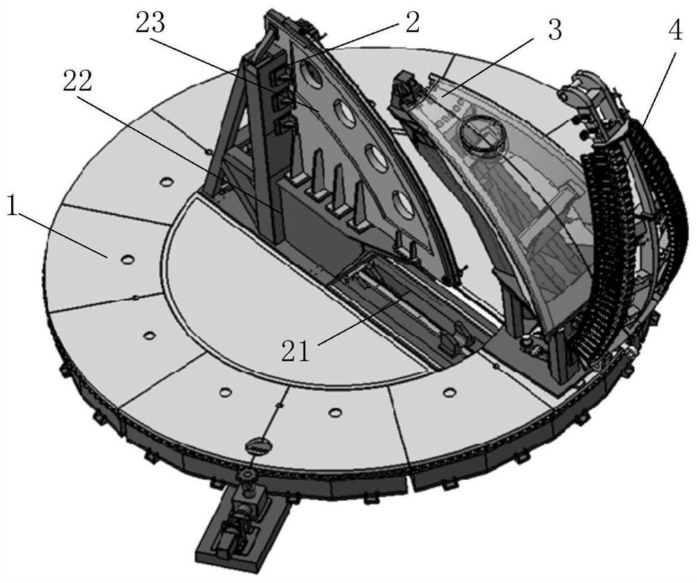 A friction stir welding device and method for the longitudinal seam of the bottom circular ring of a large-diameter launch vehicle