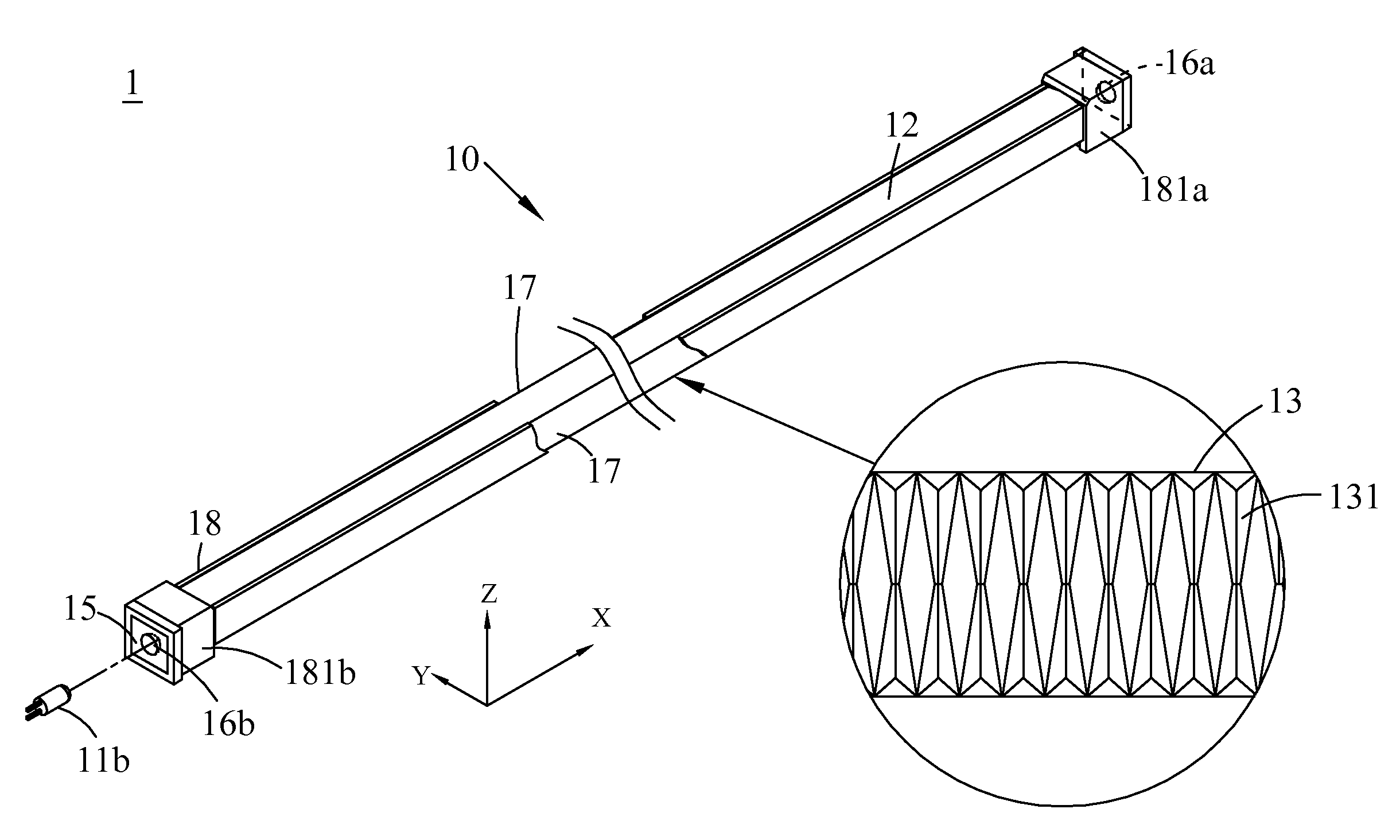 Linear light source having light guide with taped saw tooth structures
