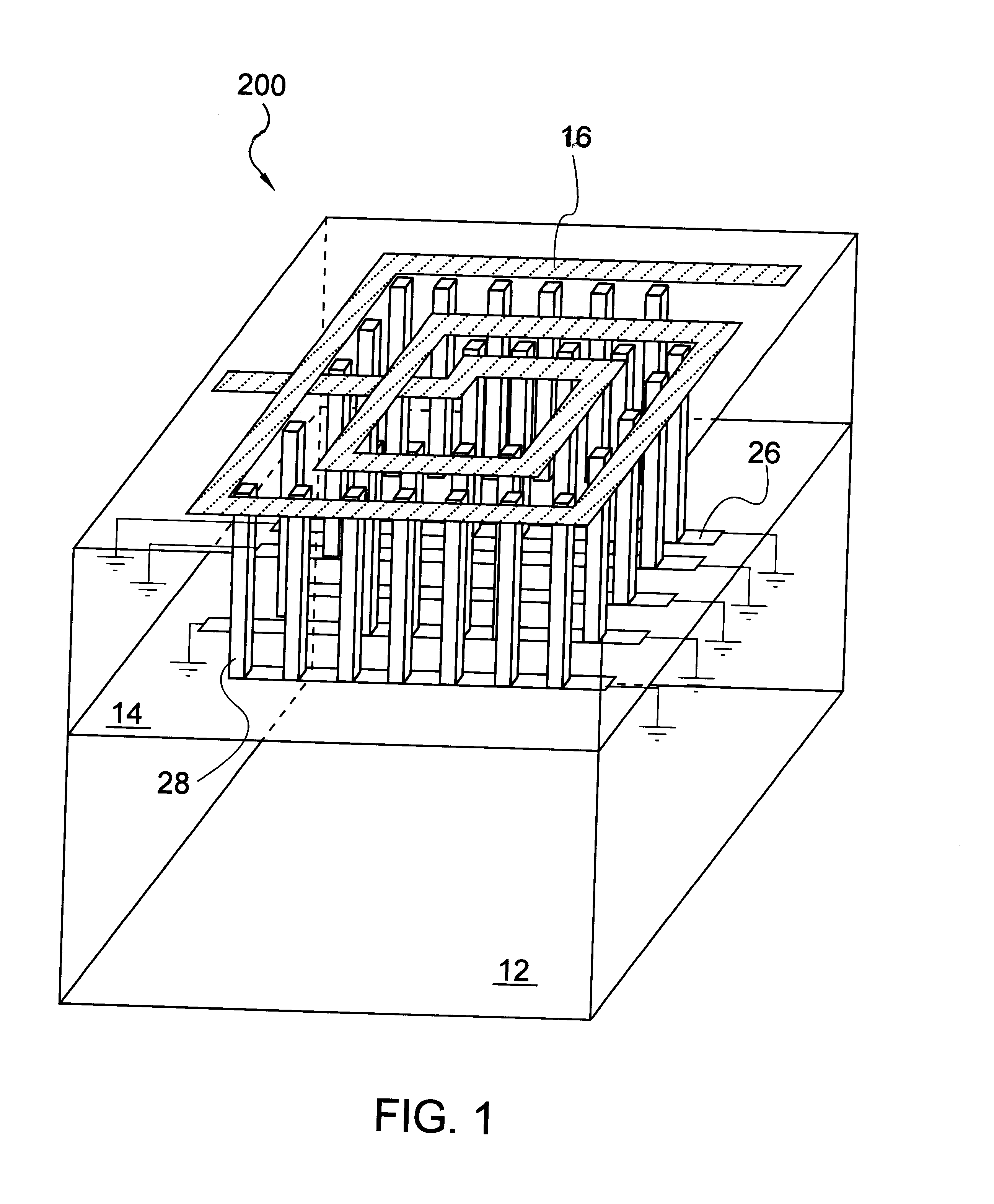 Spiral inductor semiconducting device with grounding strips and conducting vias