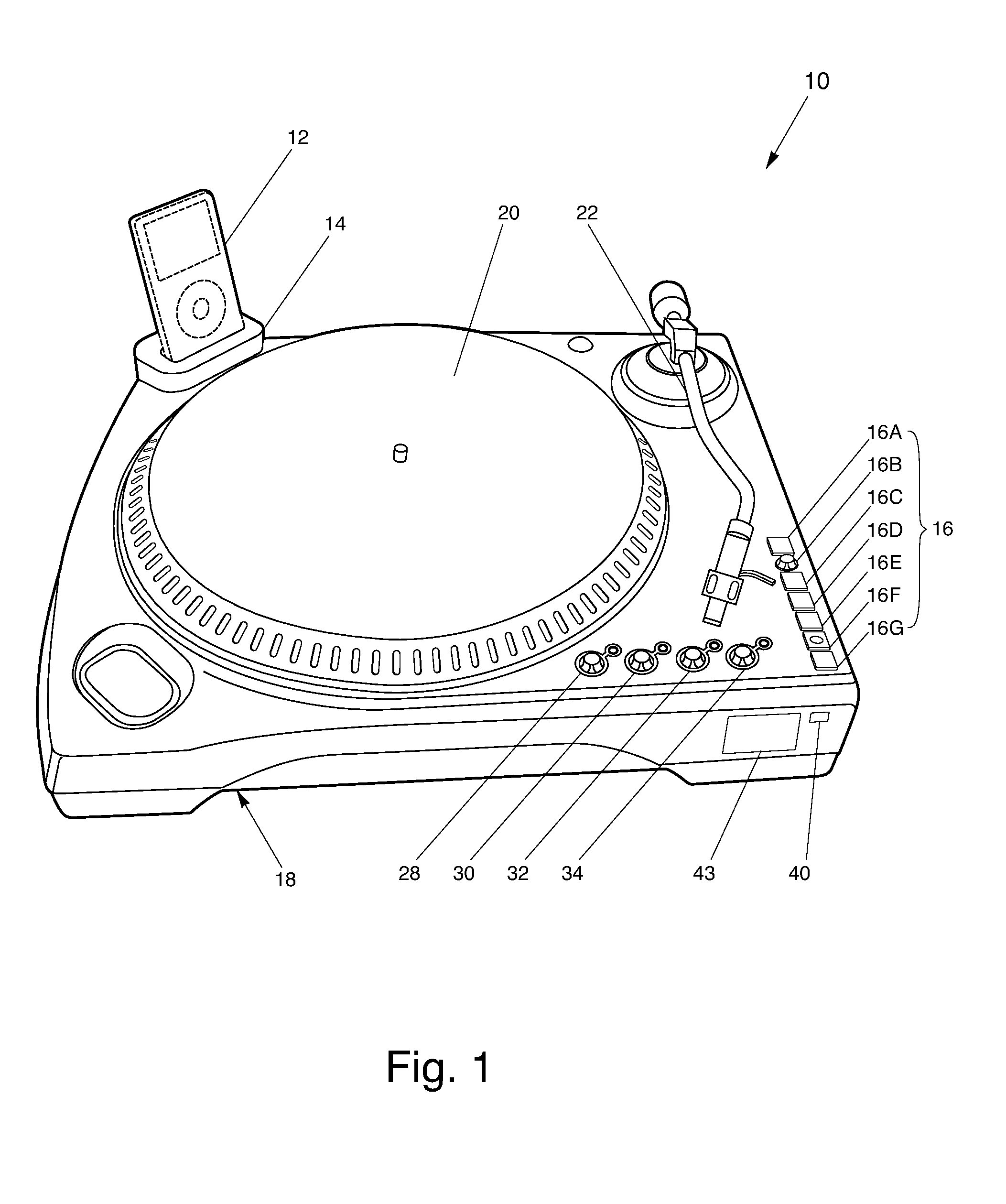 Vinyl record turntable having integrated docking station for a portable media player