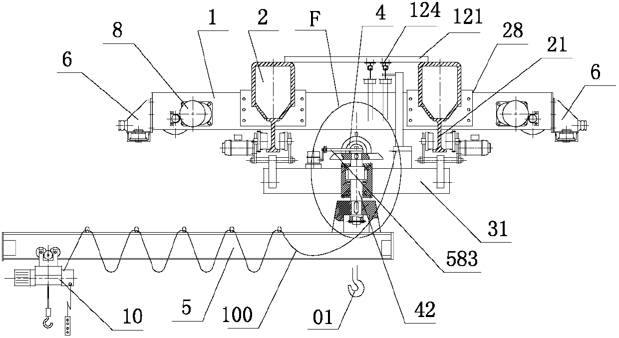 Crane provided with lifting trolley and suspension trolley and having sector gear transmission function