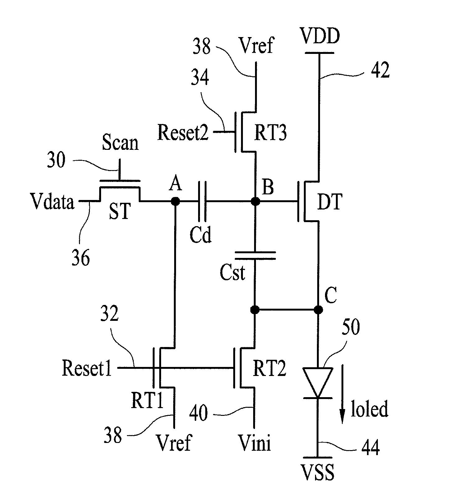 Pixel circuit of organic light emitting diode display device for compensating for a characteristic deviation of a driving thin film transistor