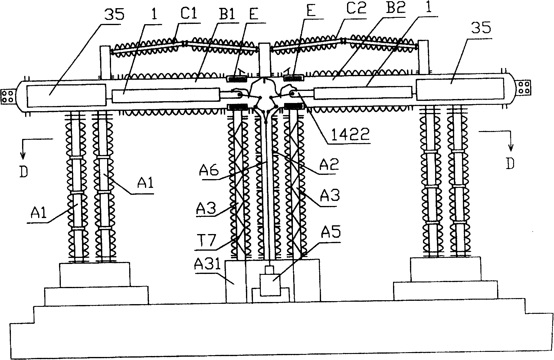 Double-fracture combination column type superhigh voltage multiplier breaking circuit breaker