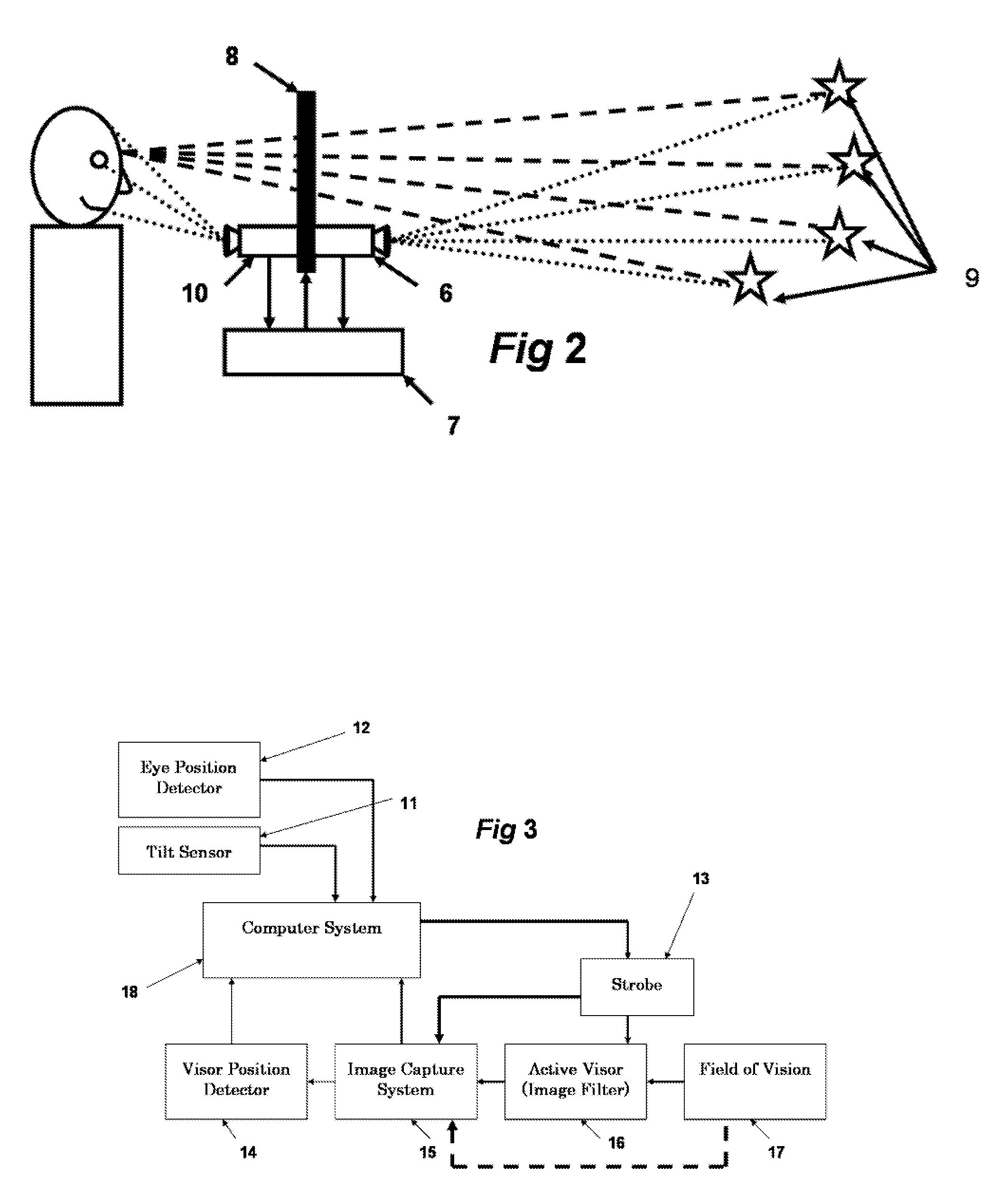 Active visor system for eliminating glare in field-of-vision from mobile and transient light sources and reflective surfaces