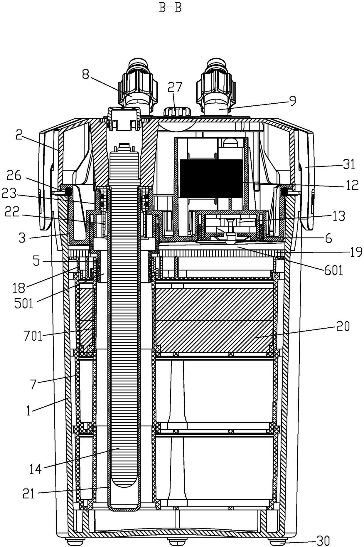 External filtering barrel convenient to assemble and disassemble