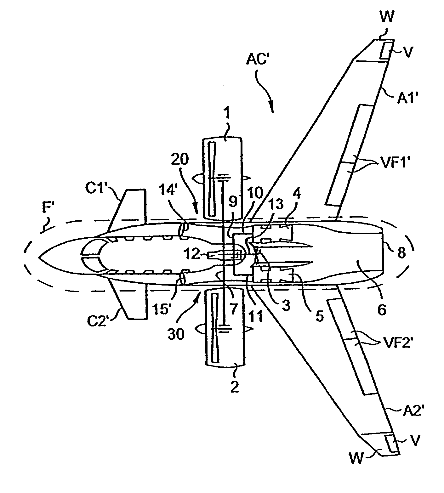 Convertible aircraft provided with two tilt fans on either side of the fuselage, and with a non-tilting fan inserted in the fuselage