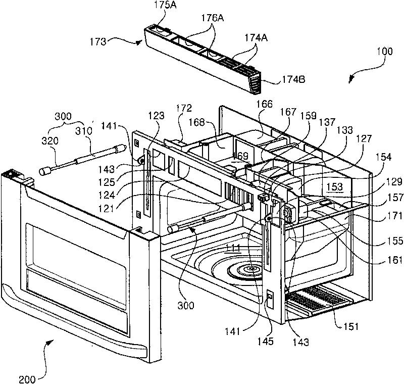 Door-cooling system with ventilation hood function for microwave oven