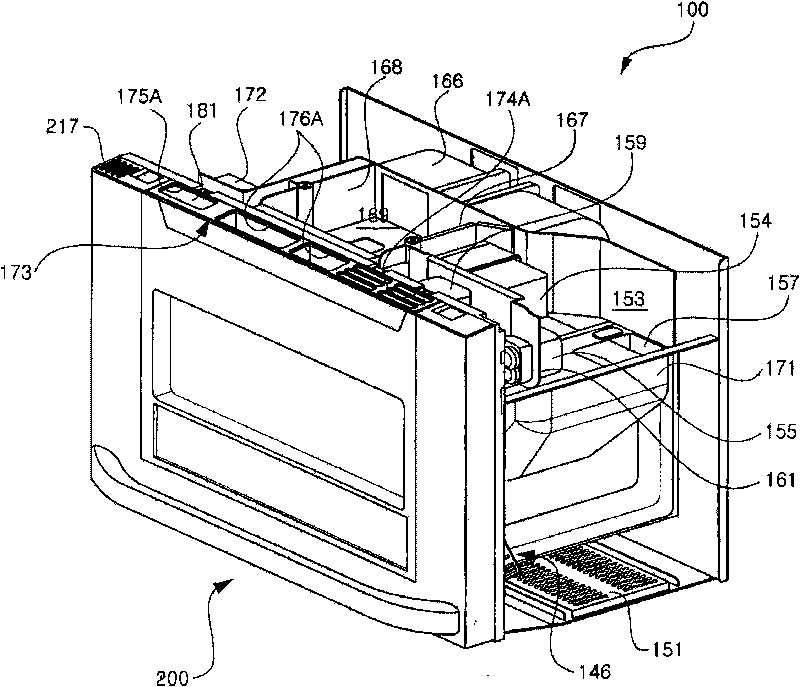 Door-cooling system with ventilation hood function for microwave oven