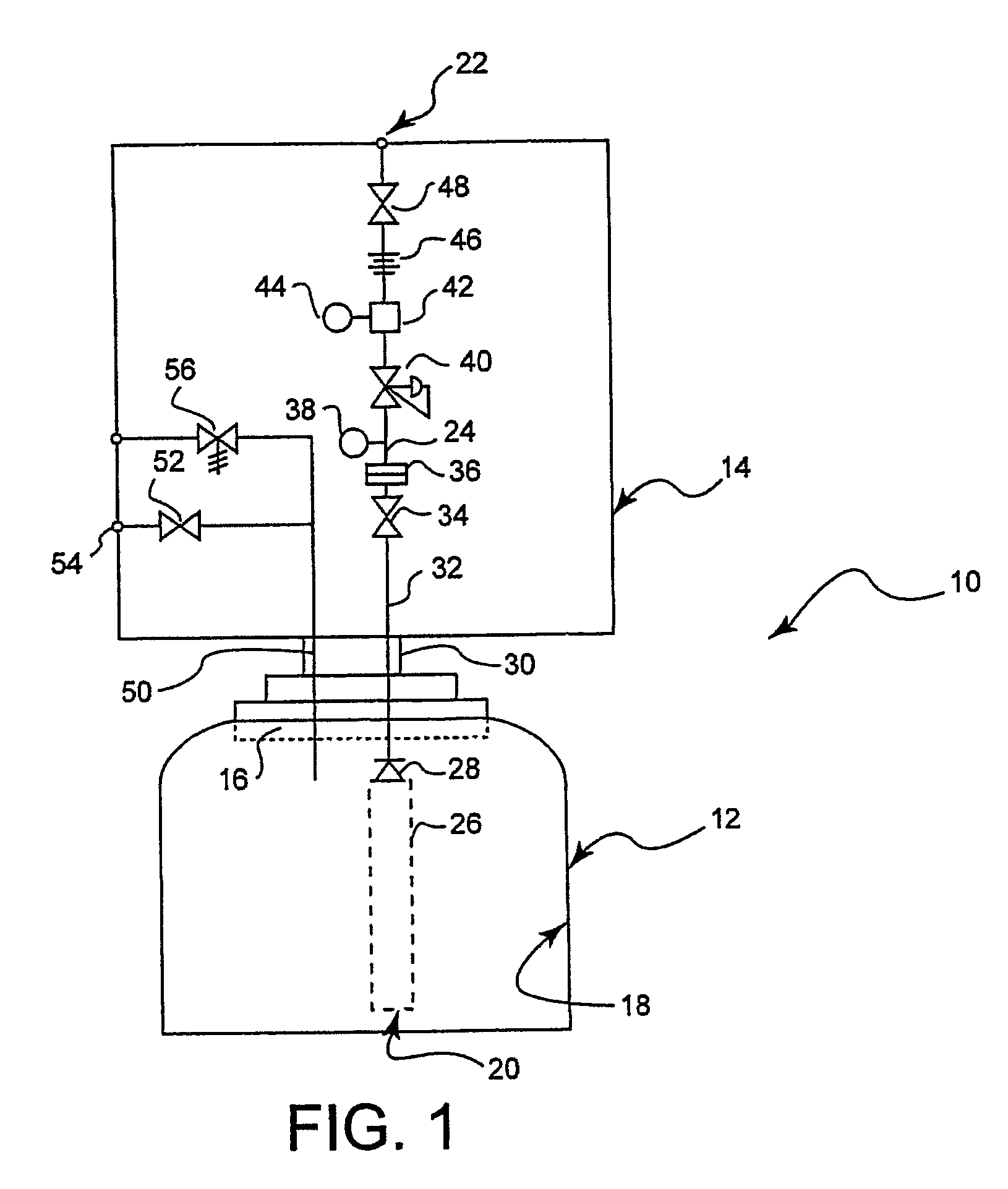 Assembly and method for containing, receiving and storing fluids and for dispensing gas from a fluid control and gas delivery assembly having an integrated fluid flow restrictor