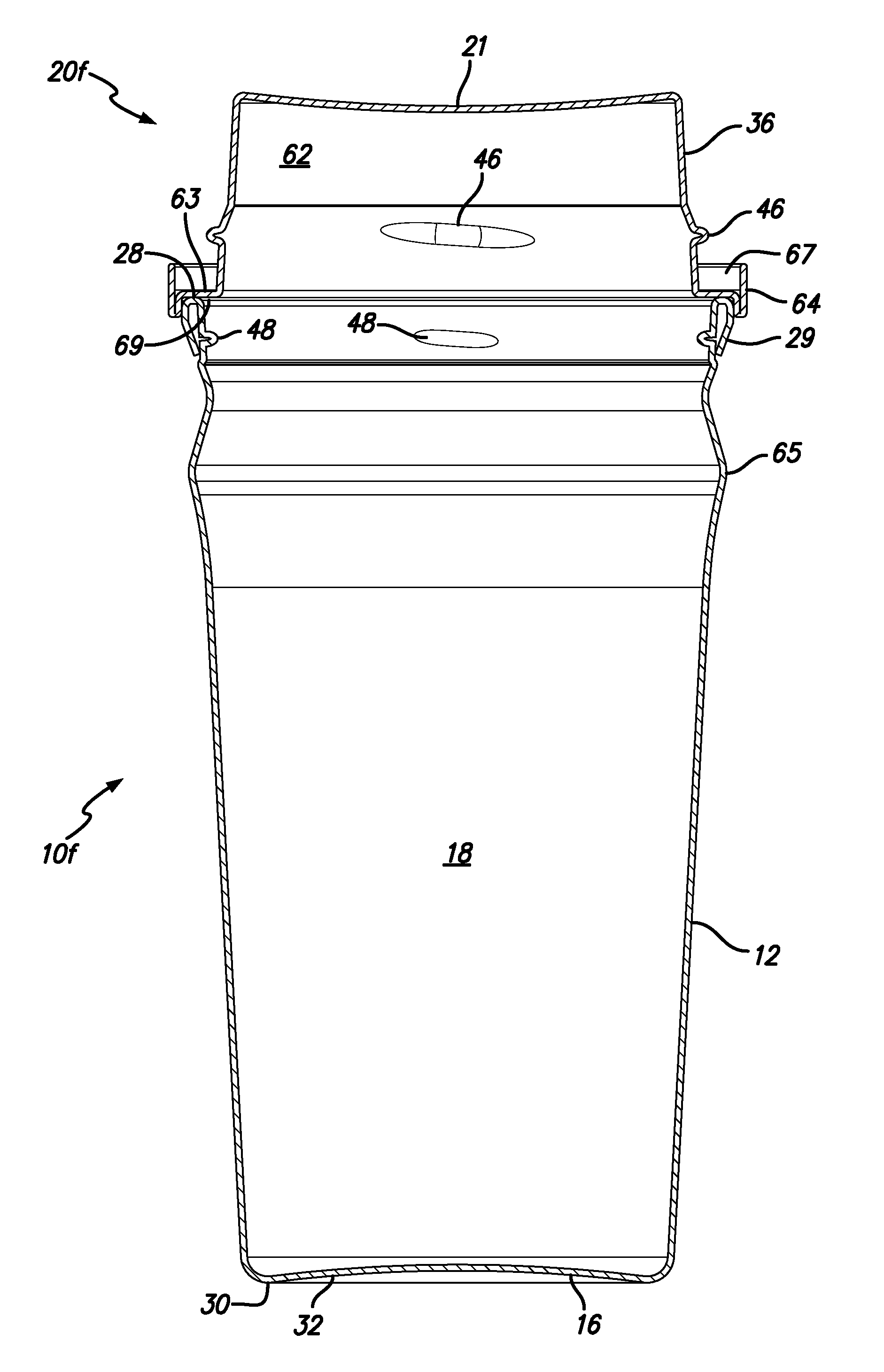 Beverage container with recessed top and method for using same