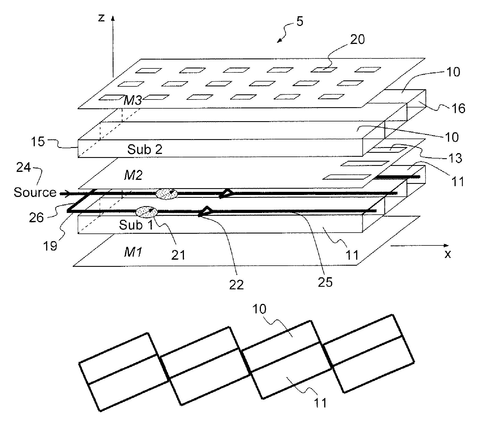 Flat scanning antenna for a terestrial mobile application, vehicle having such an antenna, and satellite telecommunication system comprising such a vehicle