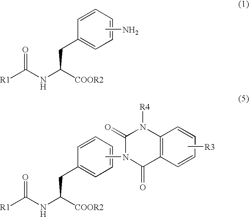 Methods for producing phenylalanine derivatives having a quinazolinedione skeleton and intermediates for production thereof