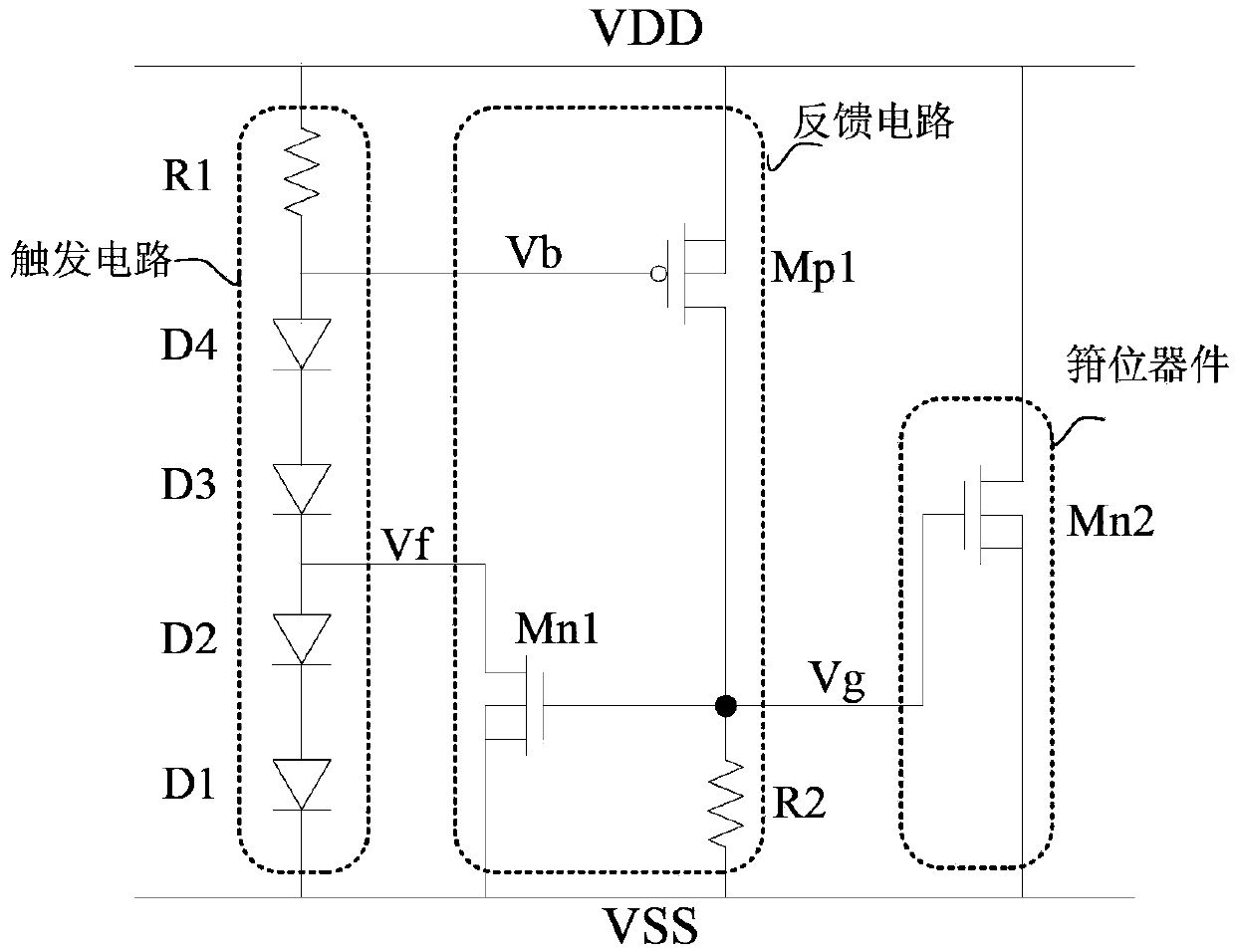 Voltage triggering static discharge clamping circuit with feedback strengthening effect