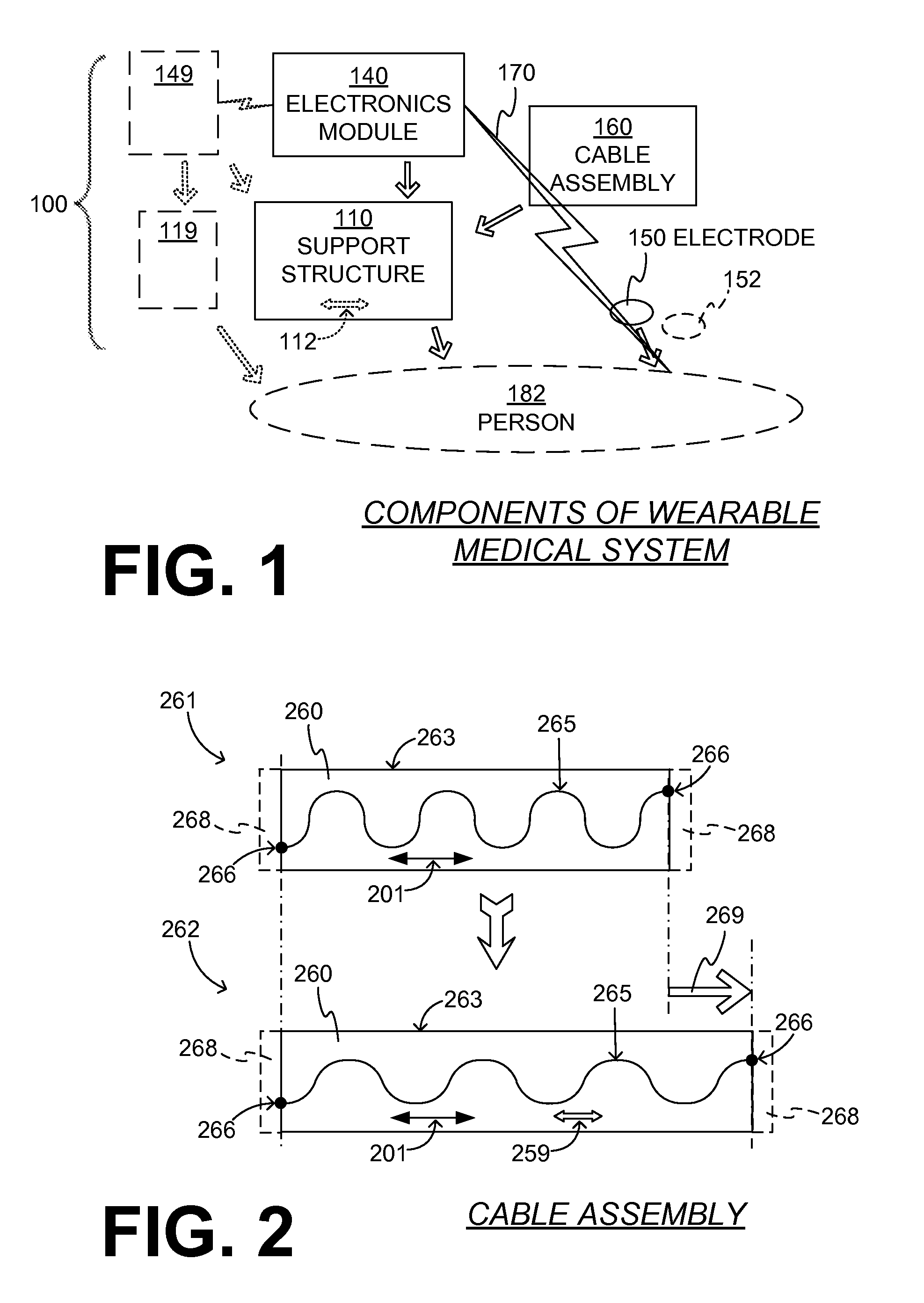 Wearable medical system with stretch-cable assembly